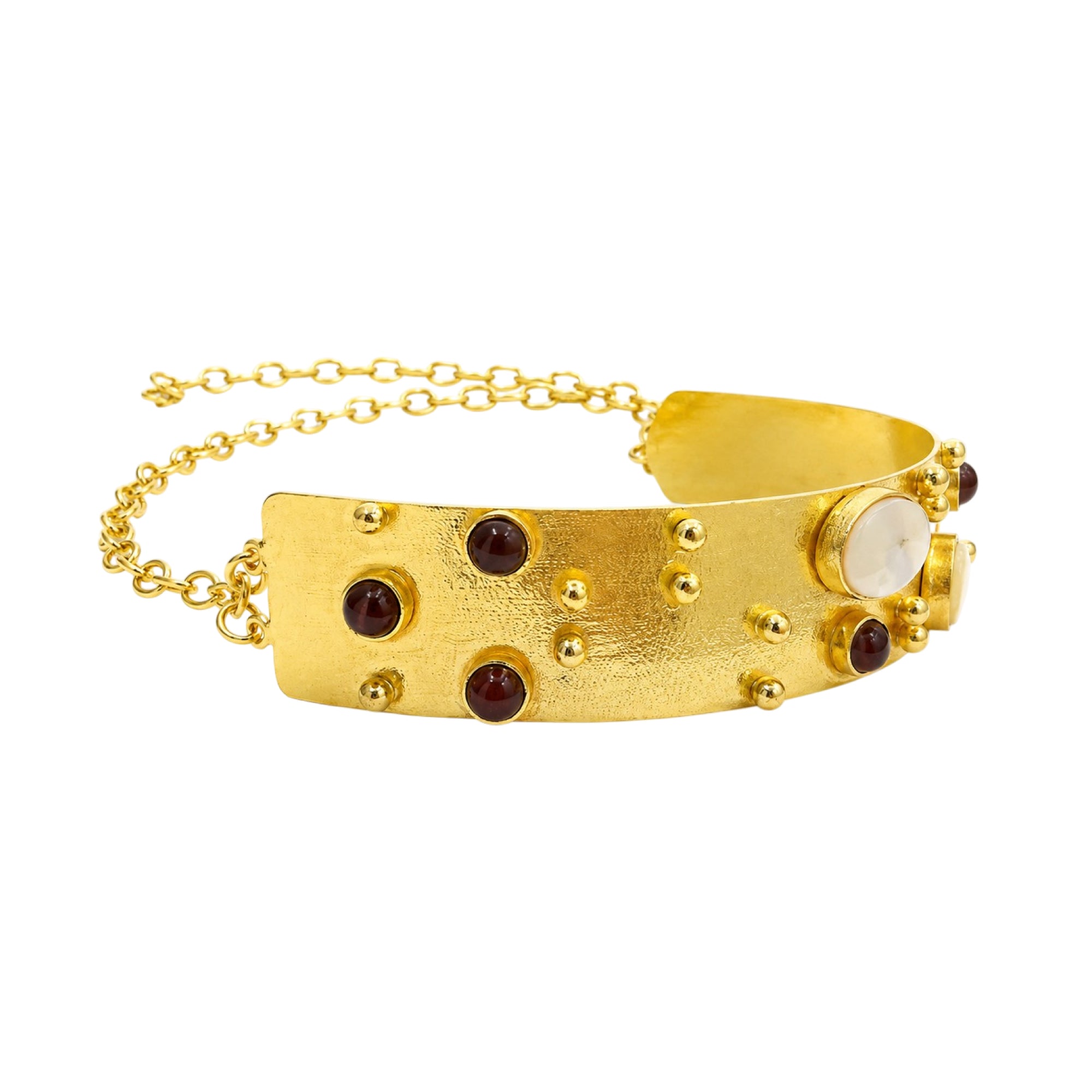 Stellabello Soft Launch Gold Plated Statement Bracelet for Women & Girls | Designer Artificial Jewellery Cuff Bracelet with Brown & White Stones | Adjustable Party, Wedding, Festive & Western Fashion Bracelet
