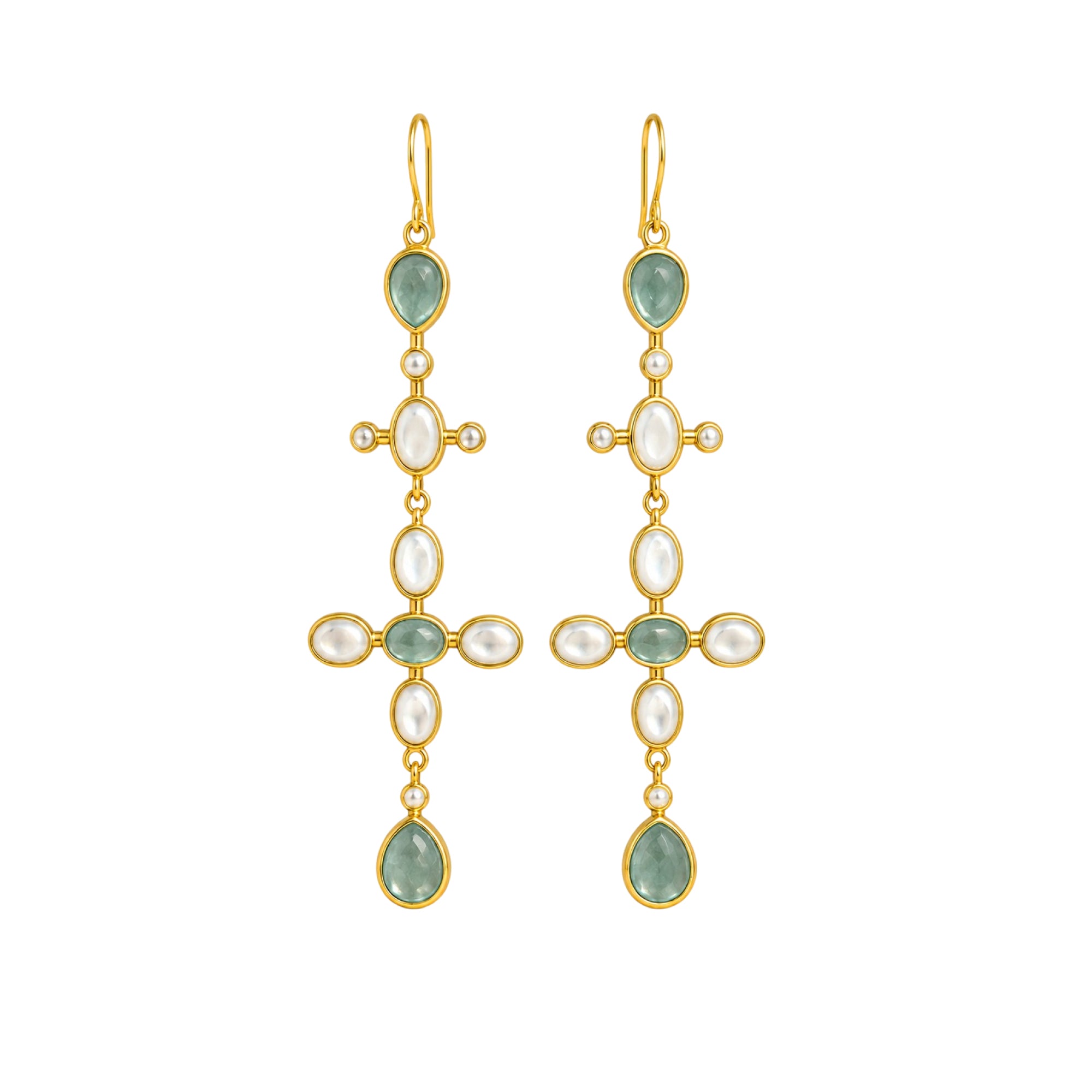 Stellabello Estele Gold Plated Long Drop Earrings for Women & Girls | Designer Artificial Jewellery Statement Earrings with Green Stone & Mother of Pearl | Party, Wedding, Festive & Western