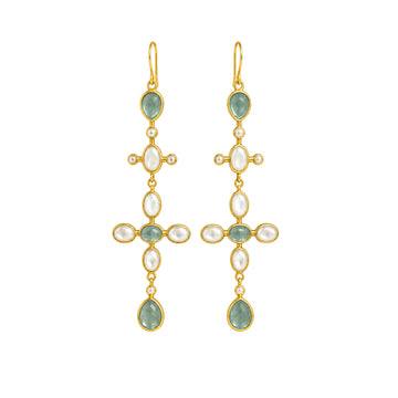 Stellabello Estele Gold Plated Long Drop Earrings for Women & Girls | Designer Artificial Jewellery Statement Earrings with Green Stone & Mother of Pearl | Party, Wedding, Festive & Western