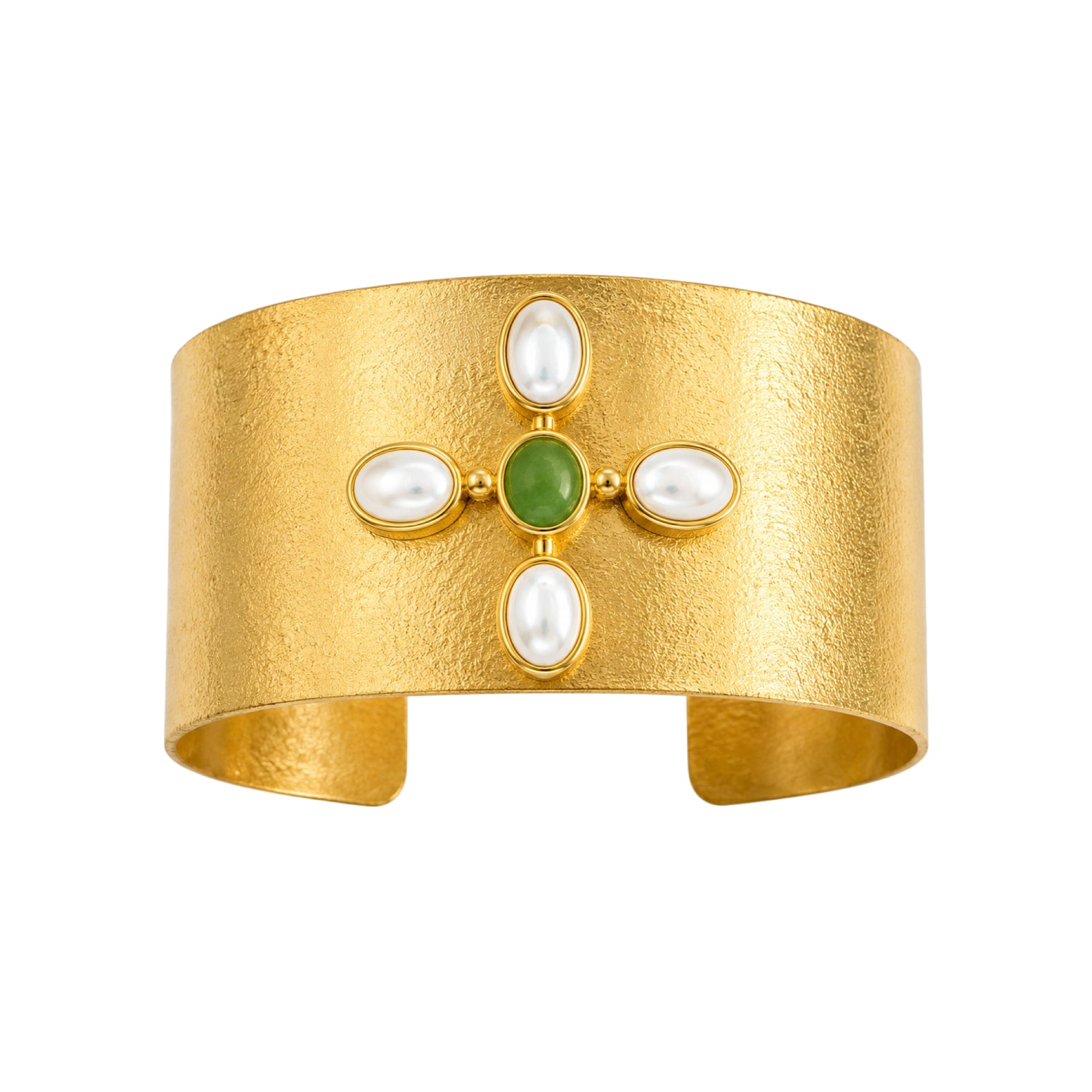 Stellabello Stardust Gold Plated Kada Bracelet for Women & Girls | Designer Open Cuff Hand Bracelet with Green Stone & Pearl Accents | Premium Artificial Jewellery for Party, Wedding, Festive & Ethnic Wear