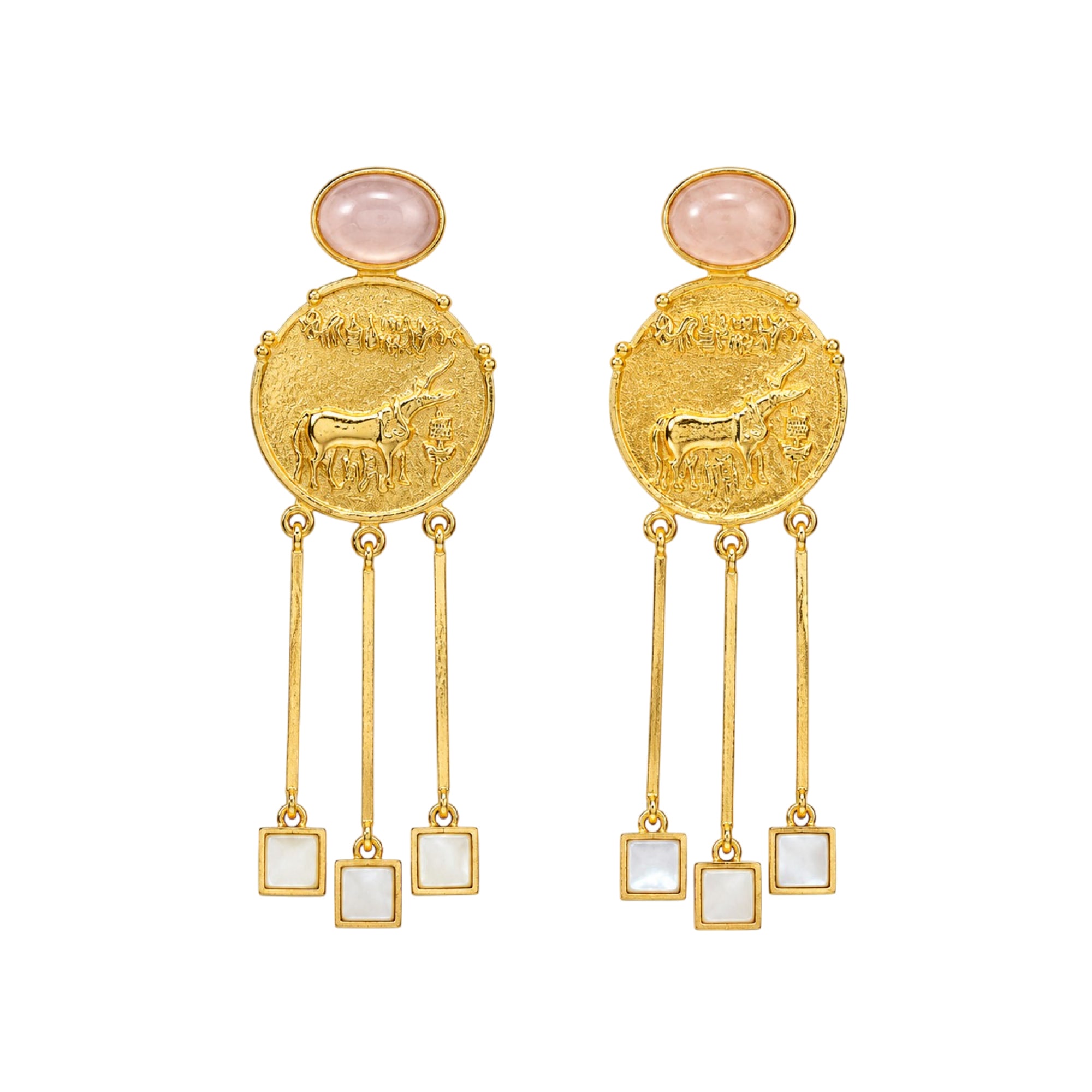 Stellabello Egyptian Edit Gold Plated Statement Earrings for Women & Girls | Designer Coin Drop Artificial Jewellery with Rose Pink Stone & Mother of Pearl Accents | Party, Wedding, Festive & Ethnic Earrings