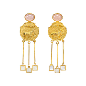 Stellabello Egyptian Edit Gold Plated Statement Earrings for Women & Girls | Designer Coin Drop Artificial Jewellery with Rose Pink Stone & Mother of Pearl Accents | Party, Wedding, Festive & Ethnic Earrings