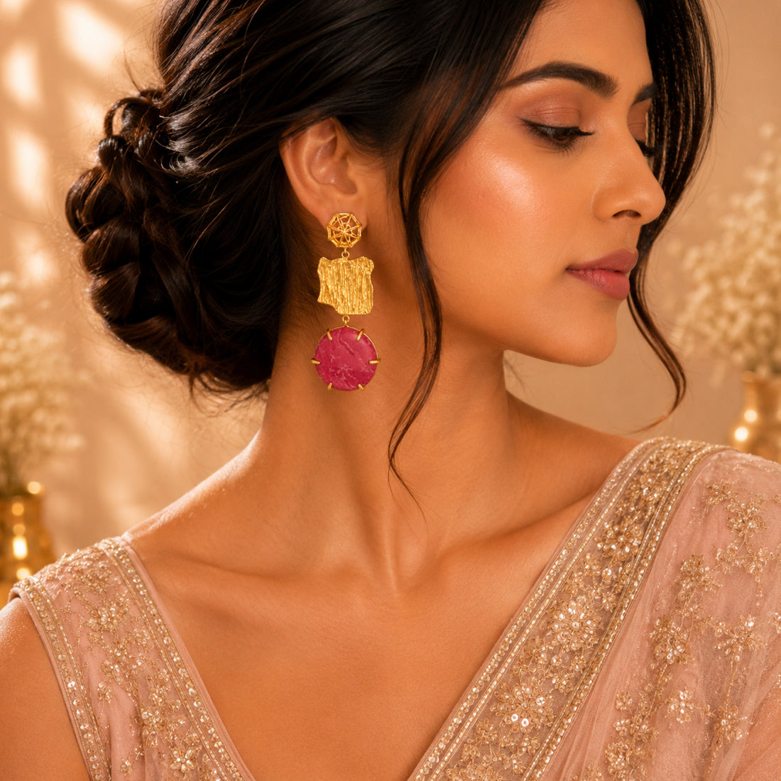 Stellabello Main Character Gold Plated Statement Earrings for Women & Girls | Designer Artificial Jewellery Drop Earrings with Pink Natural Stone | Premium Party, Wedding, Festive & Western Earrings