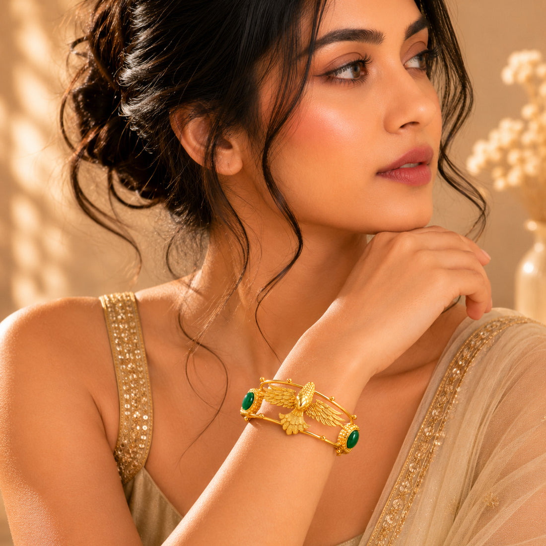 Stellabello Eagle Edit Gold Plated Cuff Bracelet for Women & Girls | Designer Artificial Jewellery Statement Bracelet with Green Stone | Open Hand Bracelet for Party, Wedding, Festive & Western| Gift for Women