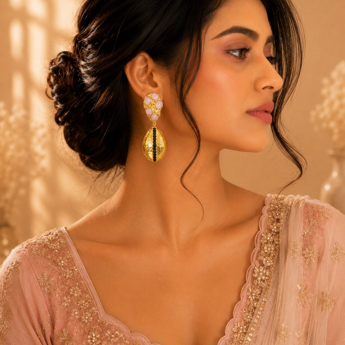 Stellabello Quiet Luxury Gold Plated Statement Earrings for Women & Girls | Designer Artificial Jewellery Drop Earrings with Pink Stones & Black Crystal Accents | Party, Wedding, Festive & Western Earrings
