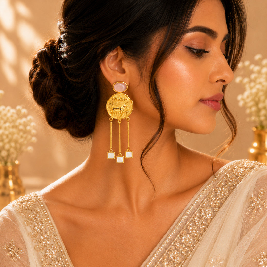 Stellabello Egyptian Edit Gold Plated Statement Earrings for Women & Girls | Designer Coin Drop Artificial Jewellery with Rose Pink Stone & Mother of Pearl Accents | Party, Wedding, Festive & Ethnic Earrings