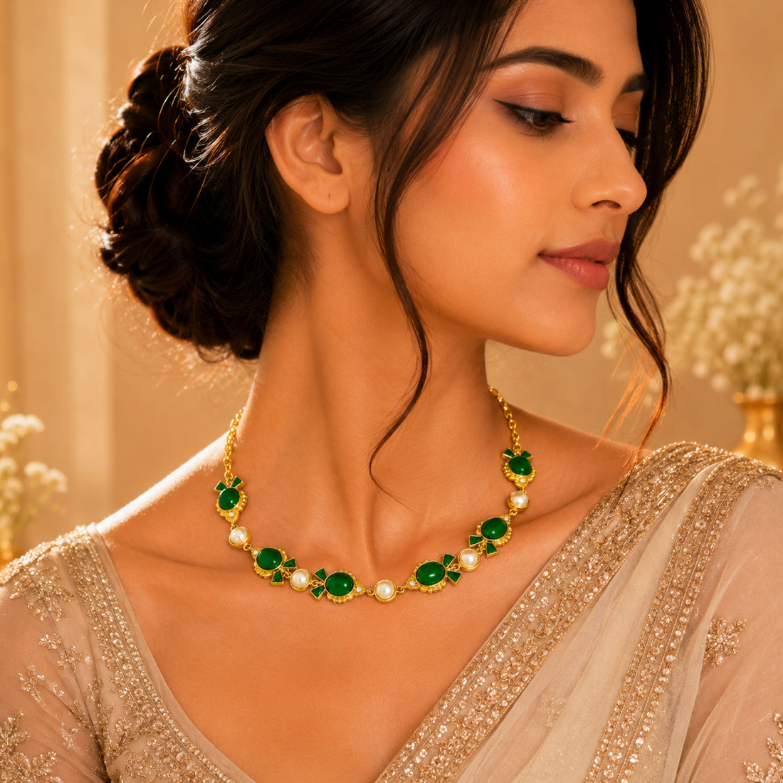 Stellabello Fish Choker Gold Plated Choker Necklace for Women & Girls | Designer Artificial Jewellery Choker with Green Stone, Pearl & Crystal Accents | Party, Wedding, Festive & Ethnic Necklace | Gift for Women
