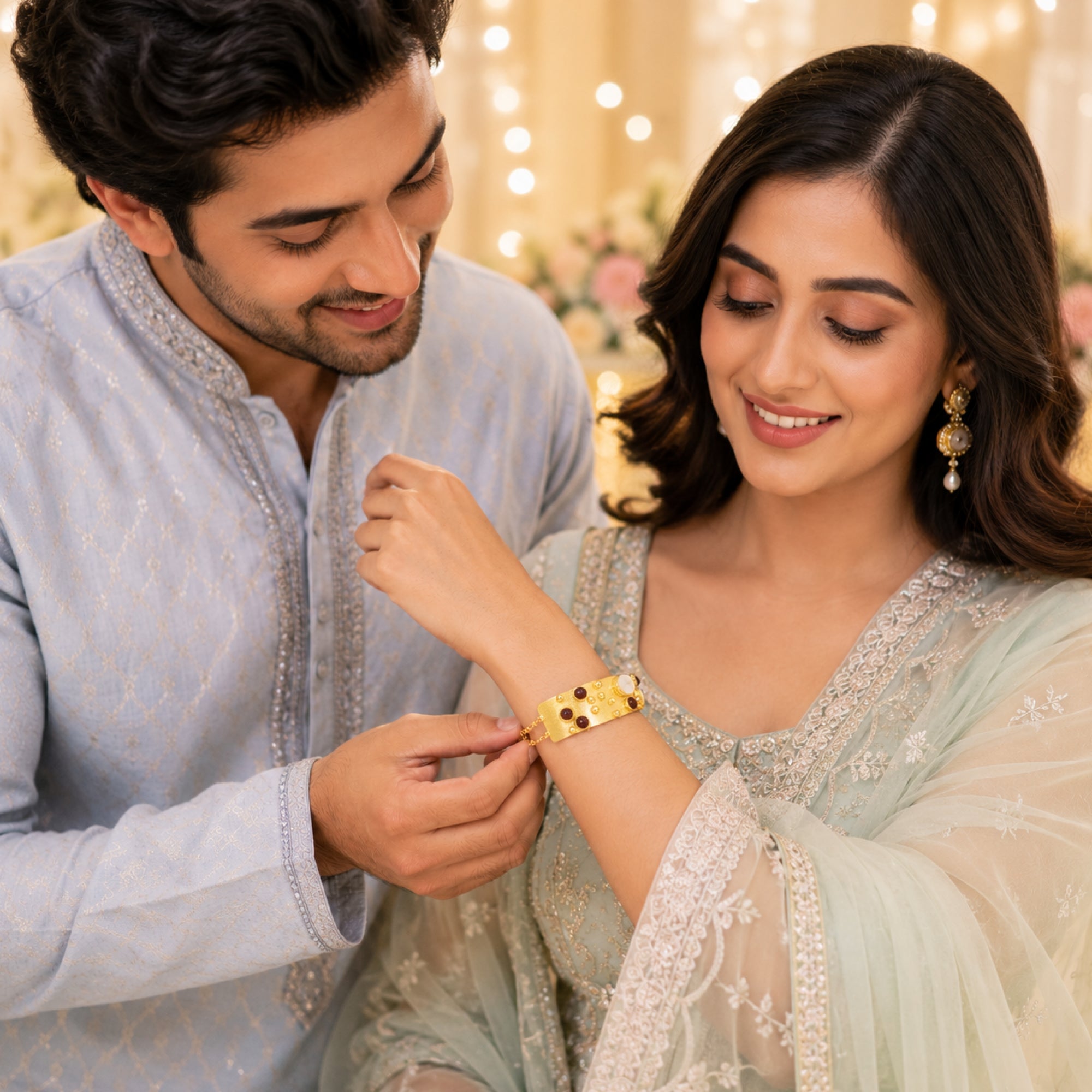 Stellabello Soft Launch Gold Plated Statement Bracelet for Women & Girls | Designer Artificial Jewellery Cuff Bracelet with Brown & White Stones | Adjustable Party, Wedding, Festive & Western Fashion Bracelet