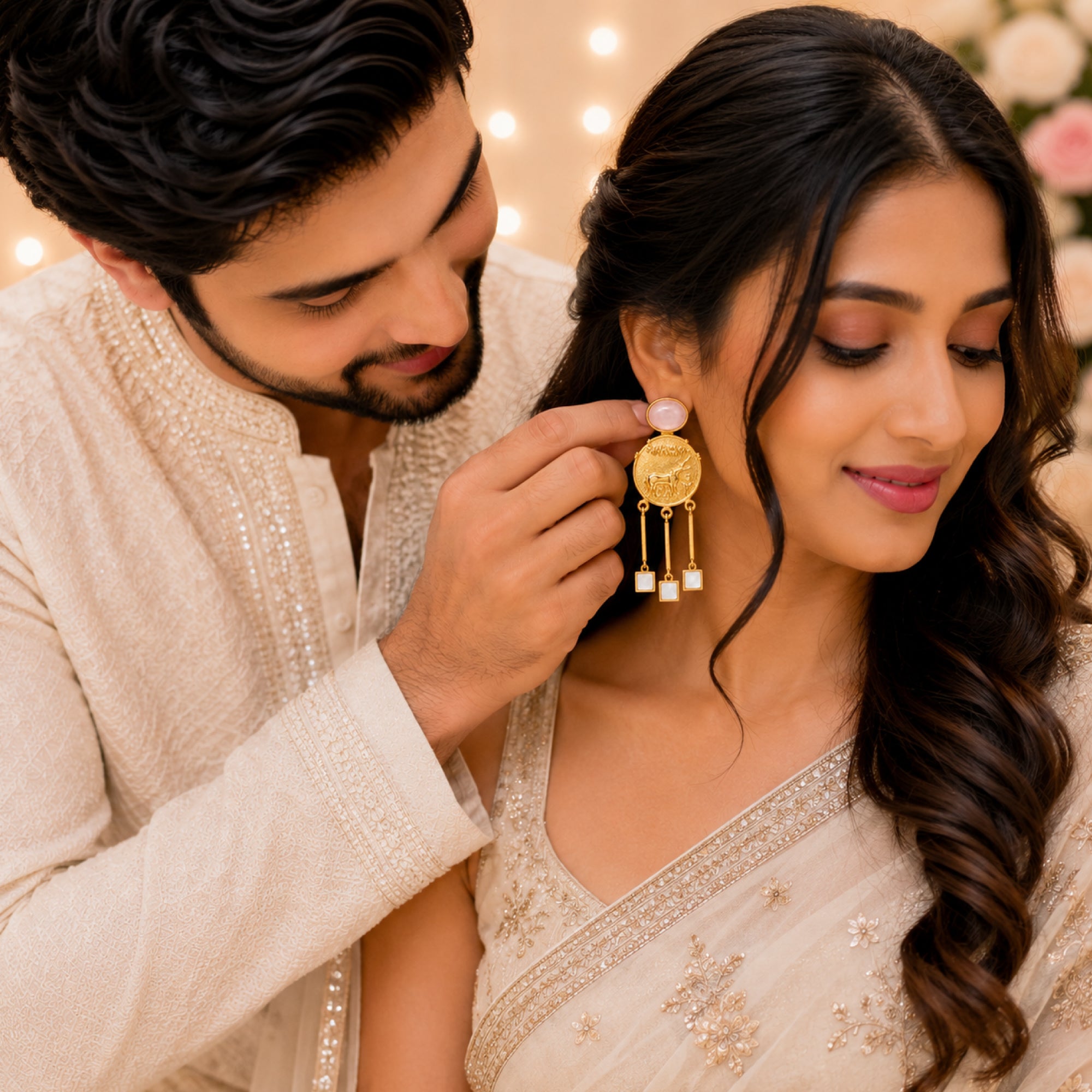 Stellabello Egyptian Edit Gold Plated Statement Earrings for Women & Girls | Designer Coin Drop Artificial Jewellery with Rose Pink Stone & Mother of Pearl Accents | Party, Wedding, Festive & Ethnic Earrings