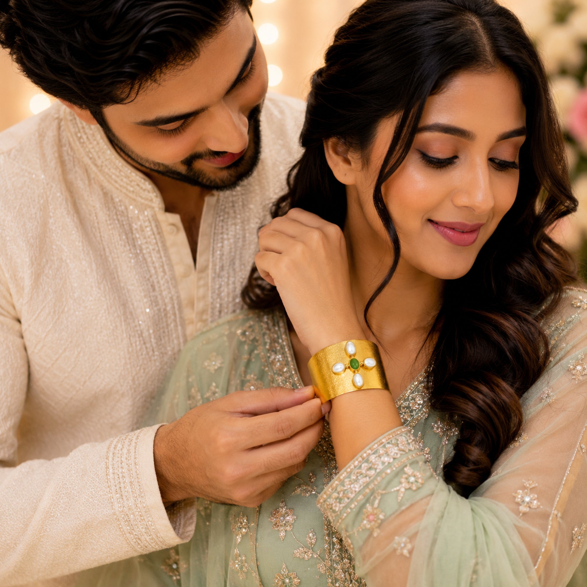 Stellabello Stardust Gold Plated Kada Bracelet for Women & Girls | Designer Open Cuff Hand Bracelet with Green Stone & Pearl Accents | Premium Artificial Jewellery for Party, Wedding, Festive & Ethnic Wear
