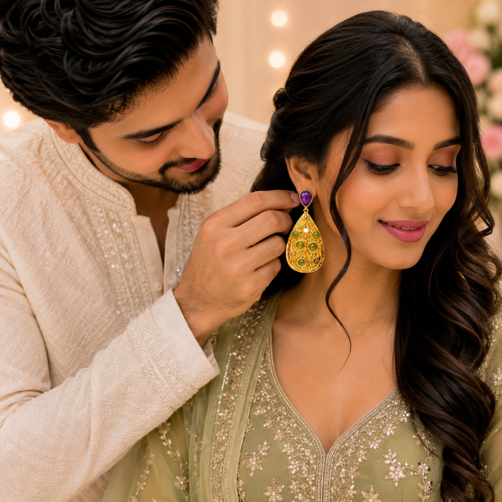Stellabello Mysa Gold Plated Statement Earrings for Women & Girls | Designer Artificial Jewellery Drop Earrings with Purple & Green Stones | Party, Wedding, Festive & Ethnic Fashion Earrings