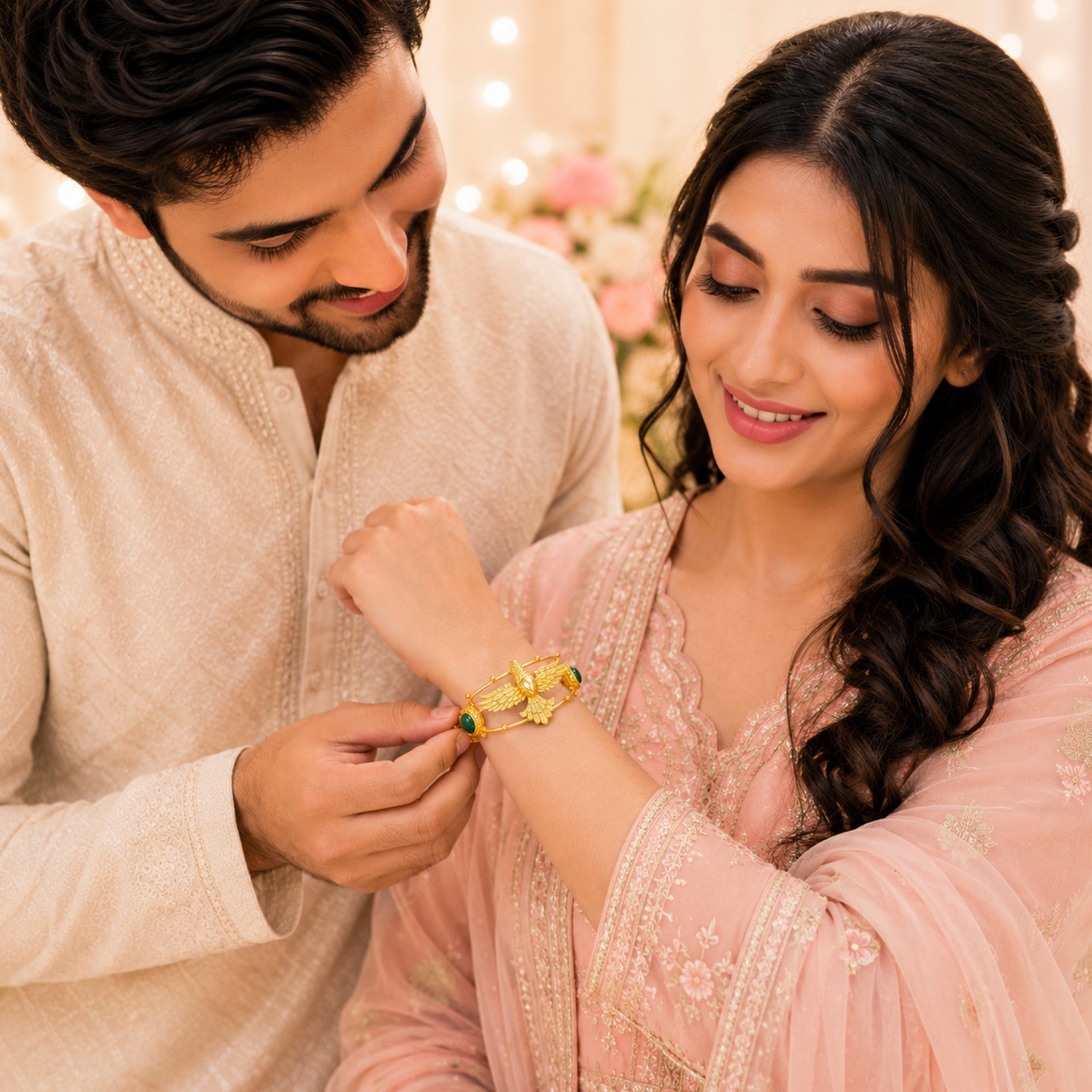 Stellabello Eagle Edit Gold Plated Cuff Bracelet for Women & Girls | Designer Artificial Jewellery Statement Bracelet with Green Stone | Open Hand Bracelet for Party, Wedding, Festive & Western| Gift for Women