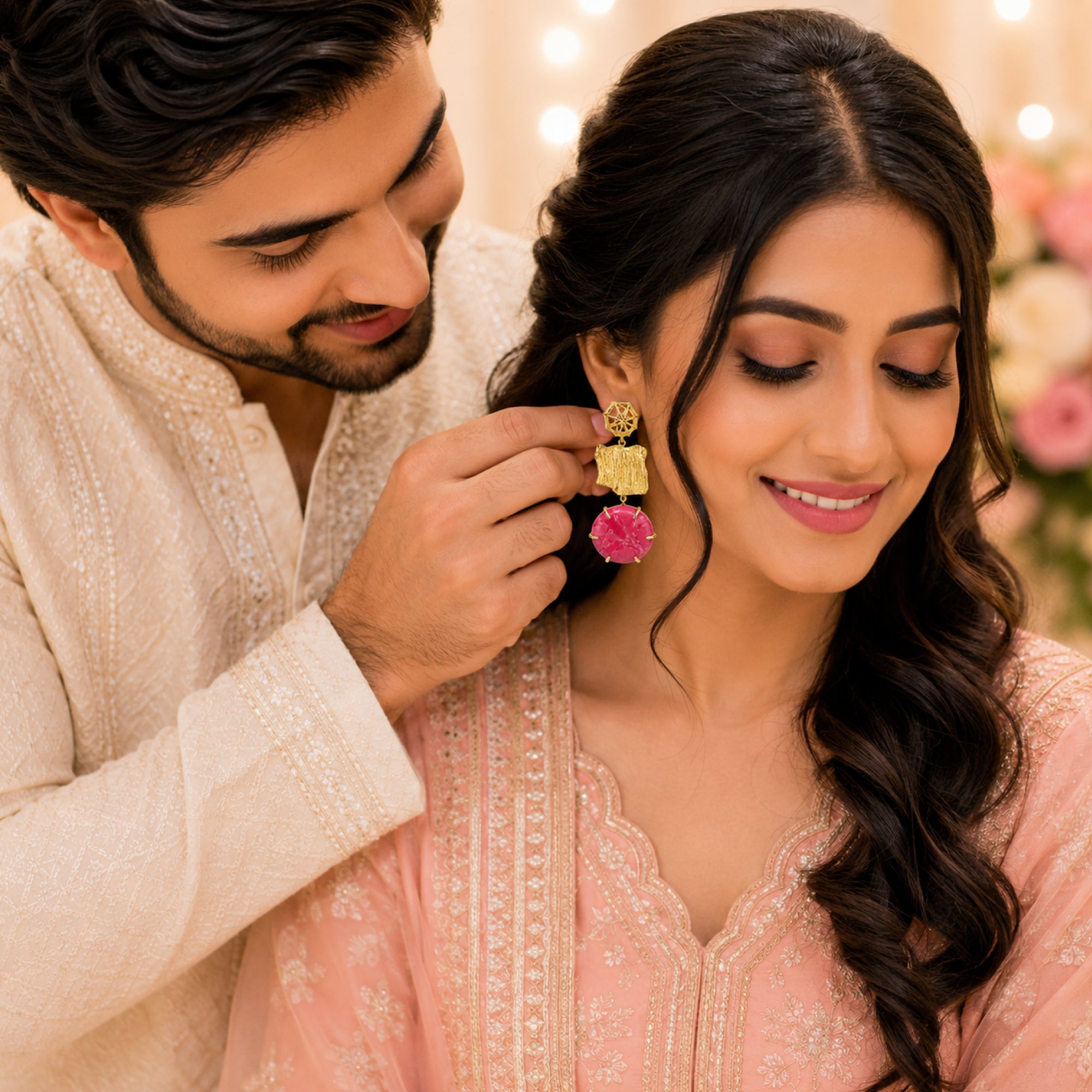 Stellabello Main Character Gold Plated Statement Earrings for Women & Girls | Designer Artificial Jewellery Drop Earrings with Pink Natural Stone | Premium Party, Wedding, Festive & Western Earrings