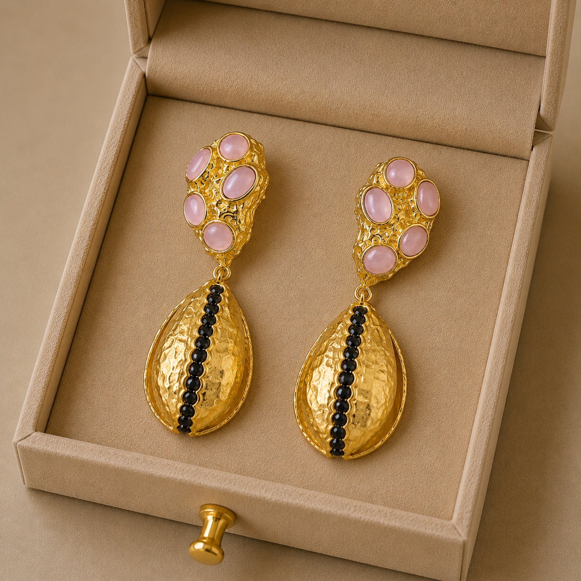 Stellabello Quiet Luxury Gold Plated Statement Earrings for Women & Girls | Designer Artificial Jewellery Drop Earrings with Pink Stones & Black Crystal Accents | Party, Wedding, Festive & Western Earrings
