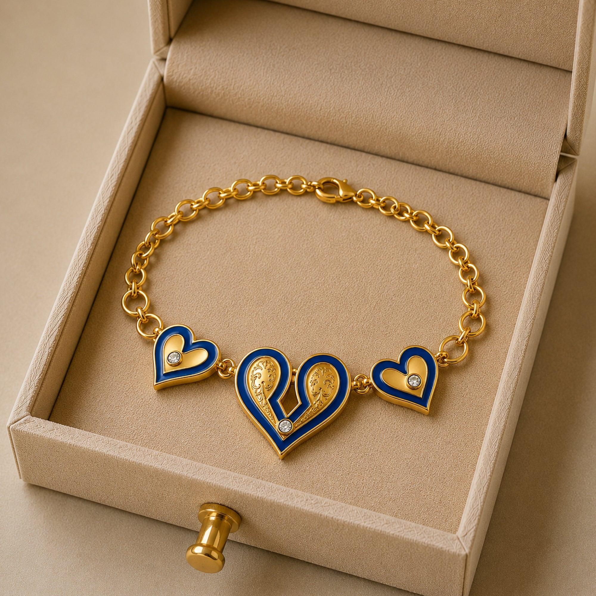 Stellabello Heart Edit Gold Plated Heart Charm Bracelet for Women & Girls | Designer Artificial Jewellery Bracelet with Blue Enamel & Crystal Accents | Adjustable Party, Wedding, Daily & Western Fashion Bracelet