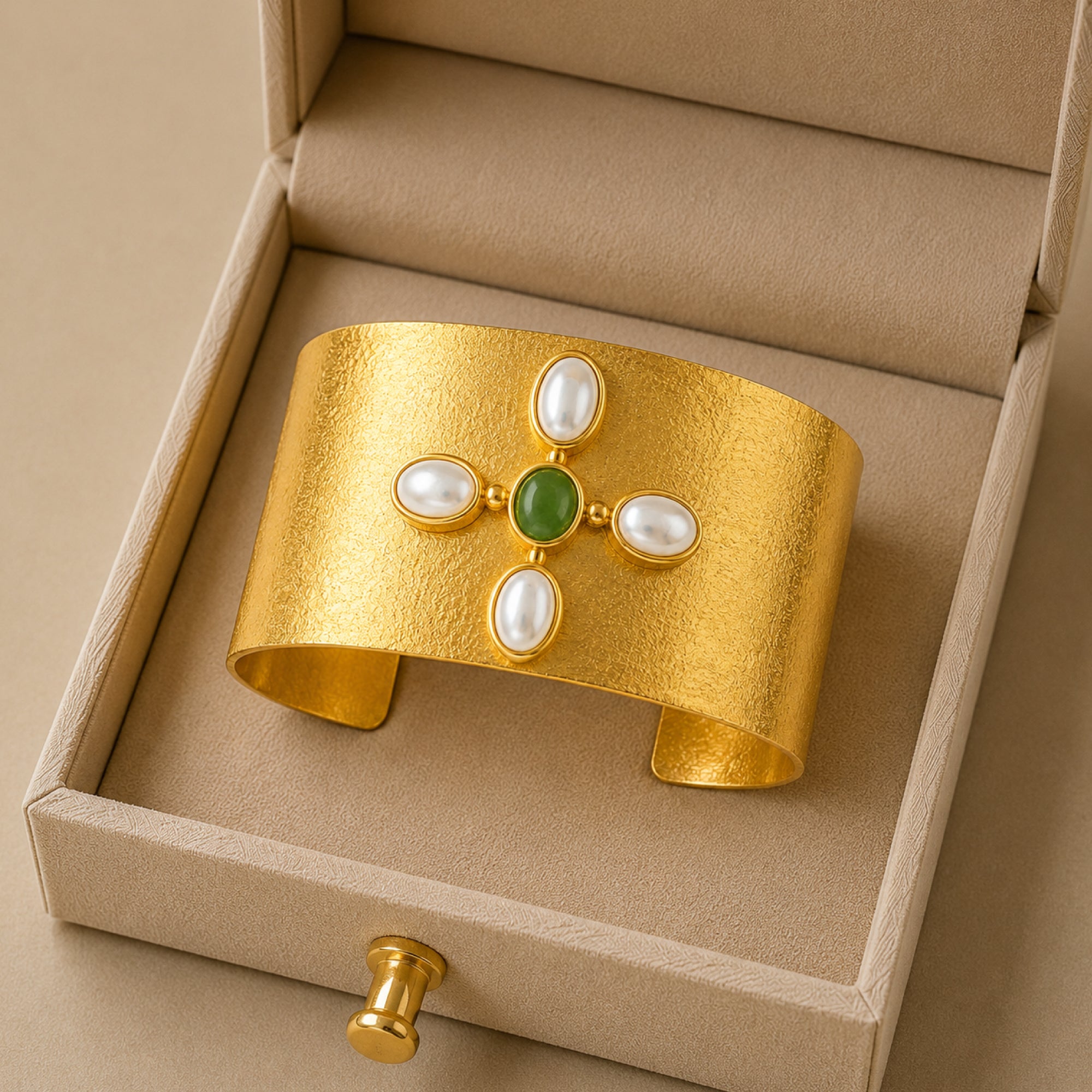 Stellabello Stardust Gold Plated Kada Bracelet for Women & Girls | Designer Open Cuff Hand Bracelet with Green Stone & Pearl Accents | Premium Artificial Jewellery for Party, Wedding, Festive & Ethnic Wear