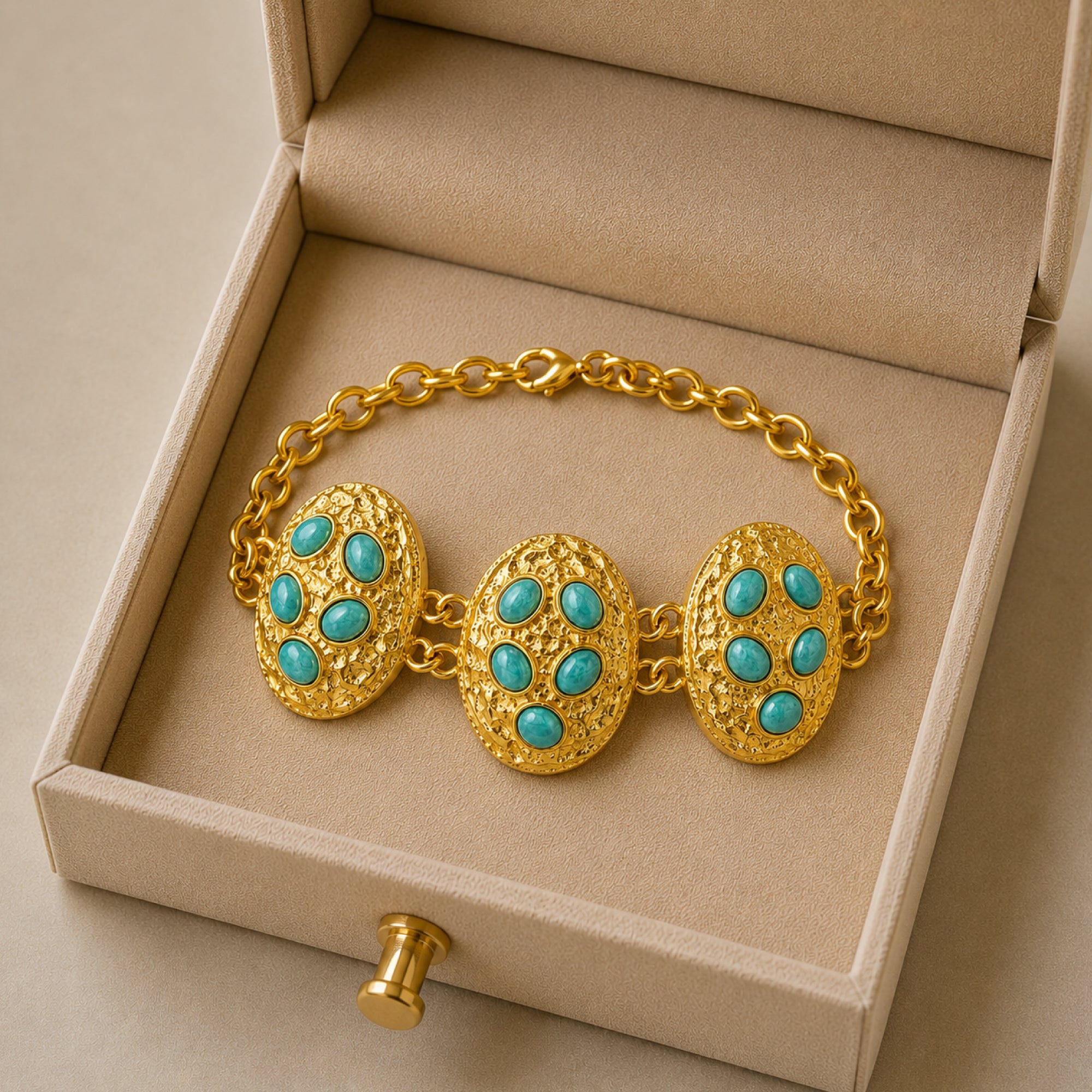Stellabello Astra Gold Plated Statement Bracelet for Women & Girls | Designer Artificial Jewellery with Turquoise Blue Stones | Adjustable Party, Wedding, Festive & Ethnic Fashion Bracelet | Gift for Women