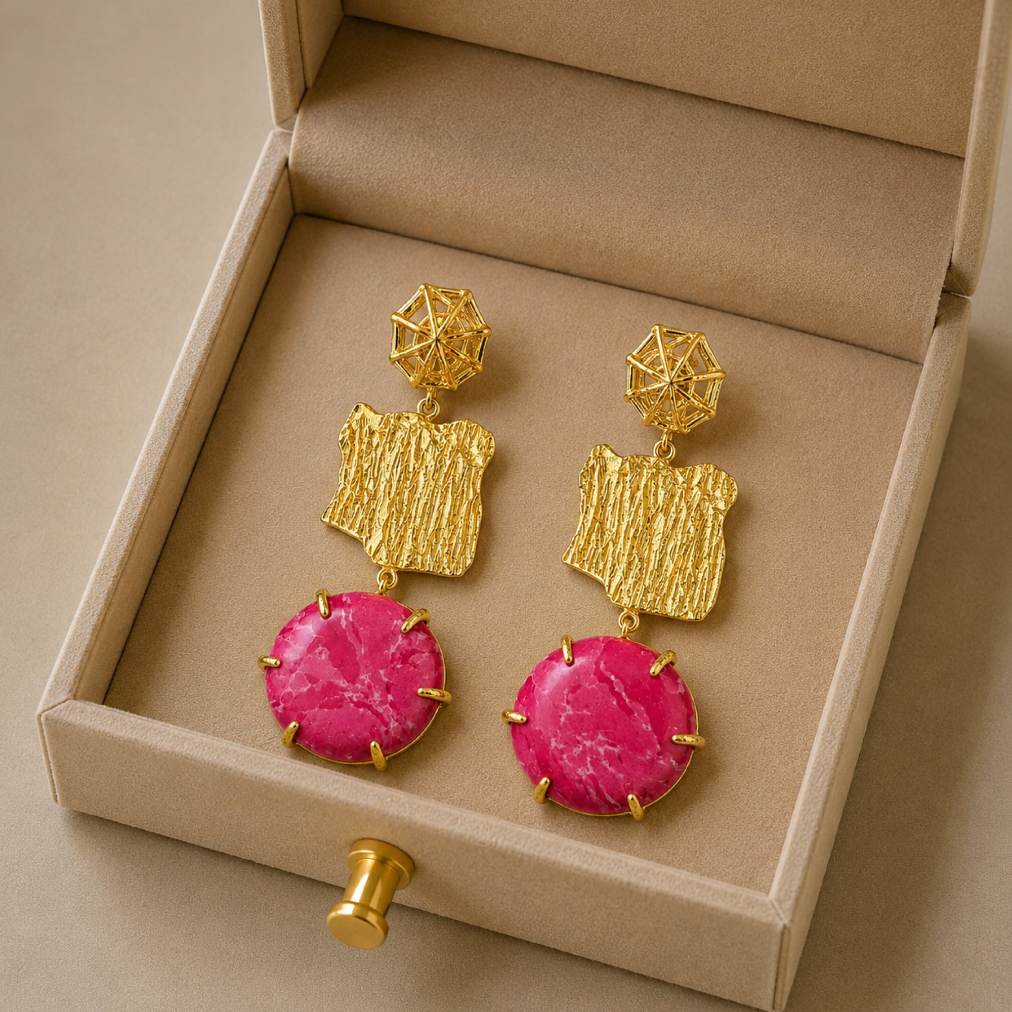 Stellabello Main Character Gold Plated Statement Earrings for Women & Girls | Designer Artificial Jewellery Drop Earrings with Pink Natural Stone | Premium Party, Wedding, Festive & Western Earrings