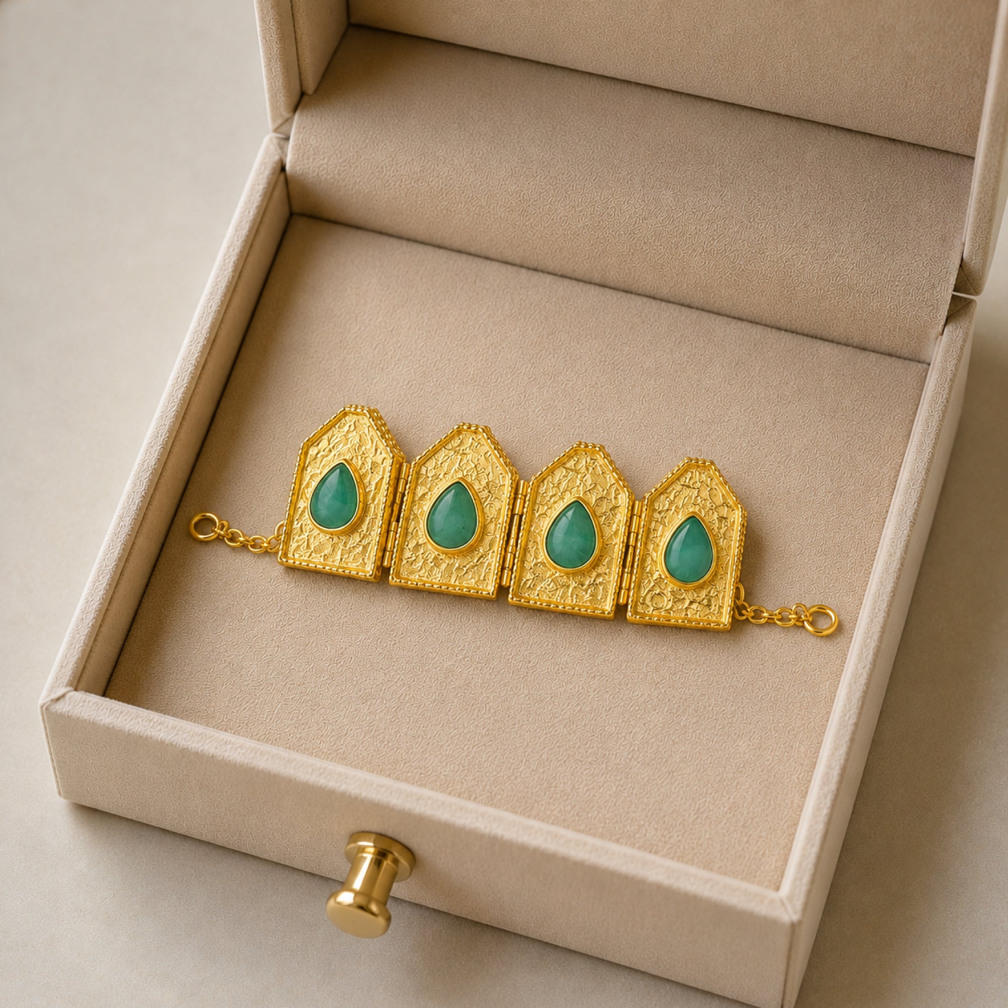 Stellabello Villa Gold Plated Bracelet for Women & Girls | Artificial Jewellery Statement with Green Teardrop Stones | Premium Party, Wedding, Festive & Ethnic Fashion Bracelet | Gift for Women