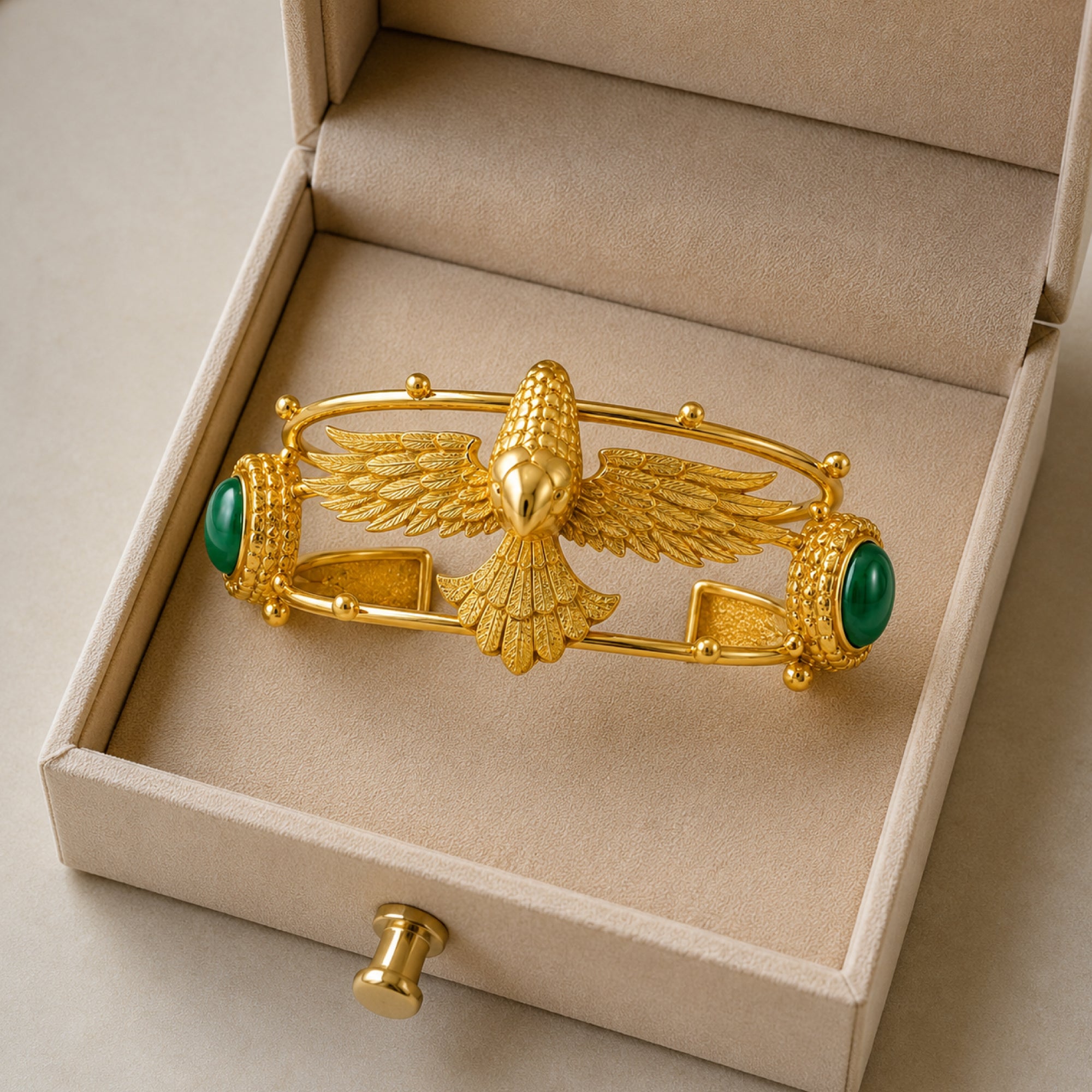 Stellabello Eagle Edit Gold Plated Cuff Bracelet for Women & Girls | Designer Artificial Jewellery Statement Bracelet with Green Stone | Open Hand Bracelet for Party, Wedding, Festive & Western| Gift for Women