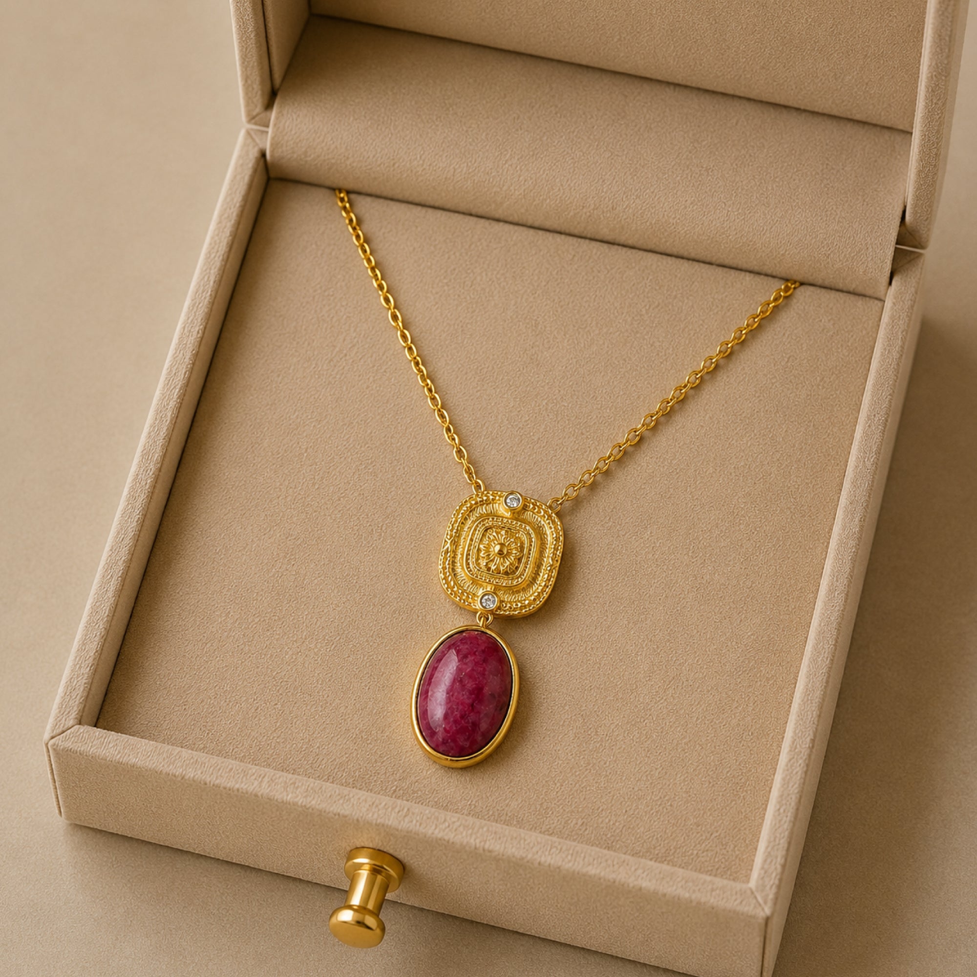 Stellabello Elysia Gold Plated Pendant Necklace for Women & Girls | Designer Artificial Jewellery Pendant Set with Ruby Red Stone & Crystal Accents | Party, Wedding, Festive & Daily Wear Necklace | Gift for Women