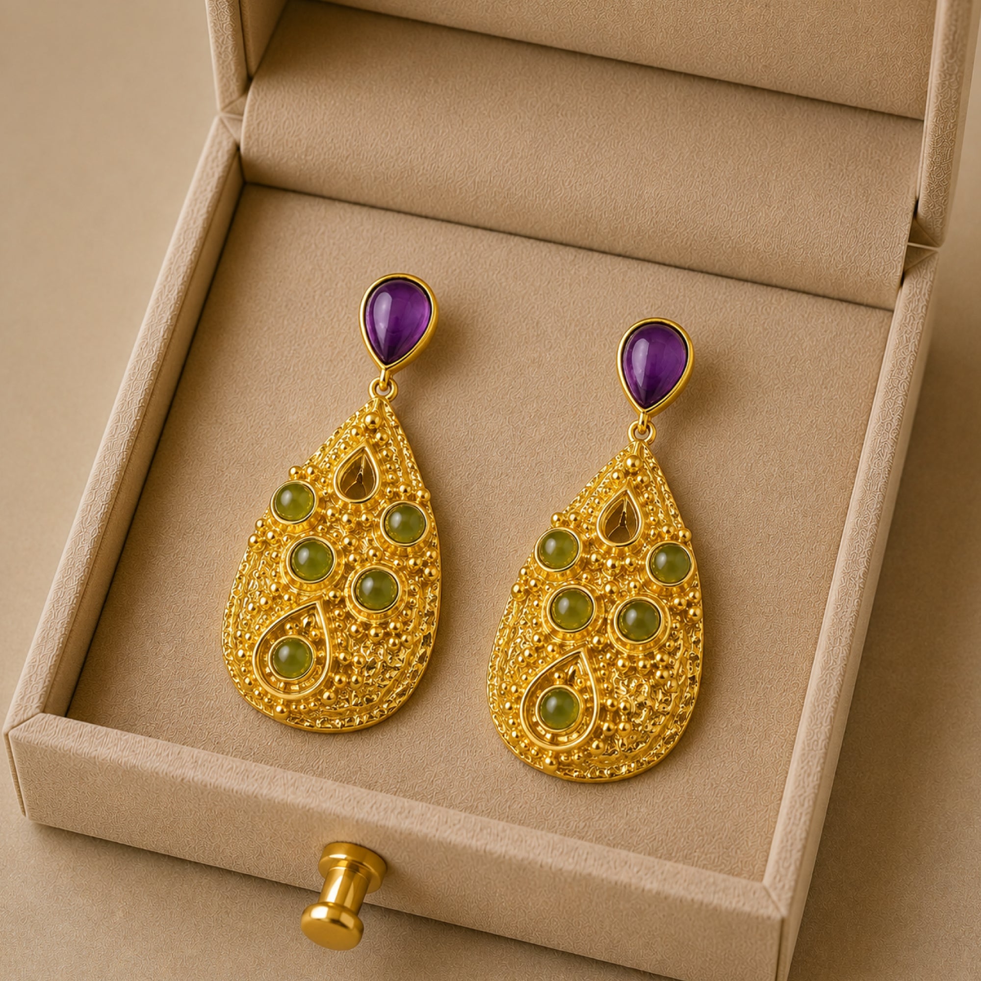 Stellabello Mysa Gold Plated Statement Earrings for Women & Girls | Designer Artificial Jewellery Drop Earrings with Purple & Green Stones | Party, Wedding, Festive & Ethnic Fashion Earrings