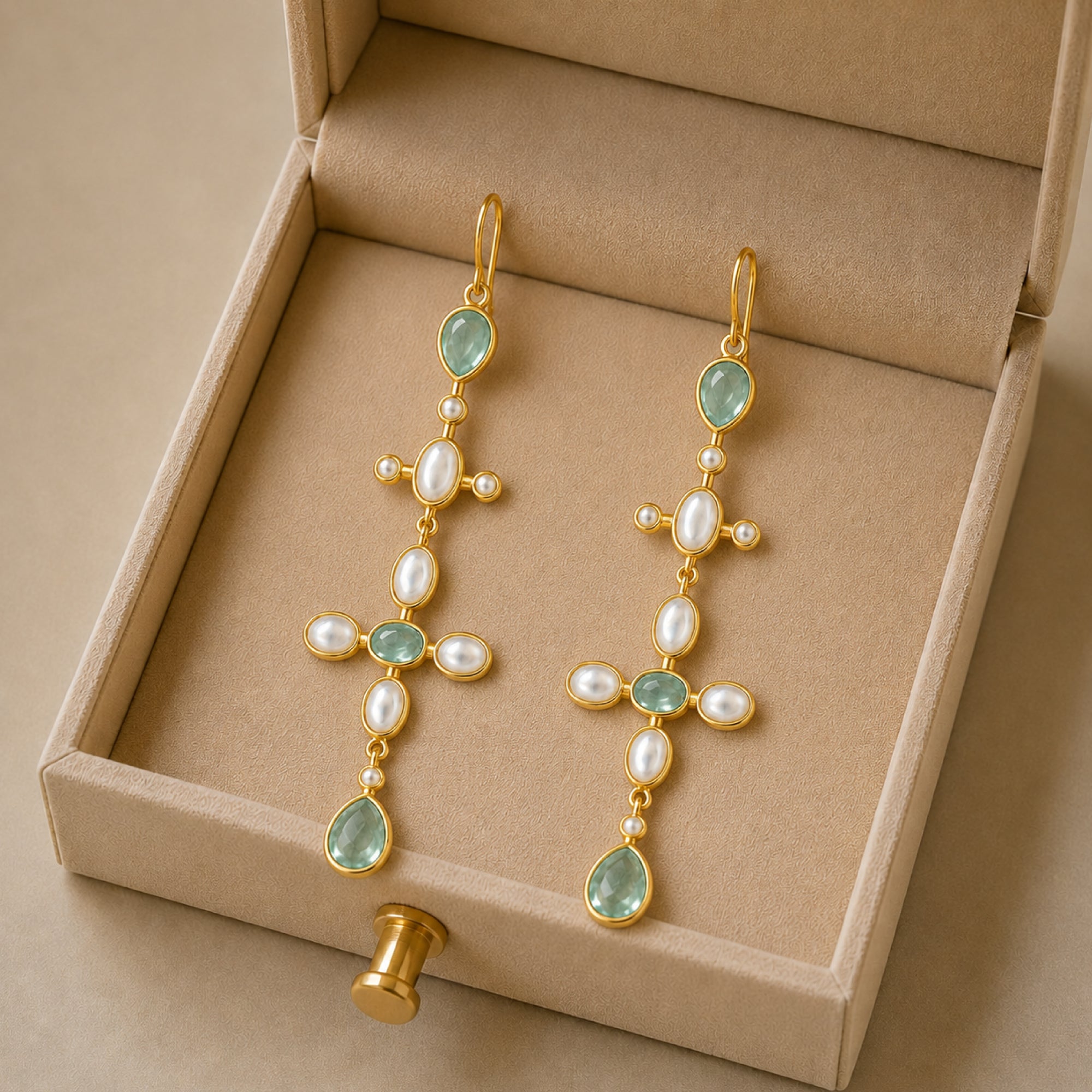 Stellabello Estele Gold Plated Long Drop Earrings for Women & Girls | Designer Artificial Jewellery Statement Earrings with Green Stone & Mother of Pearl | Party, Wedding, Festive & Western