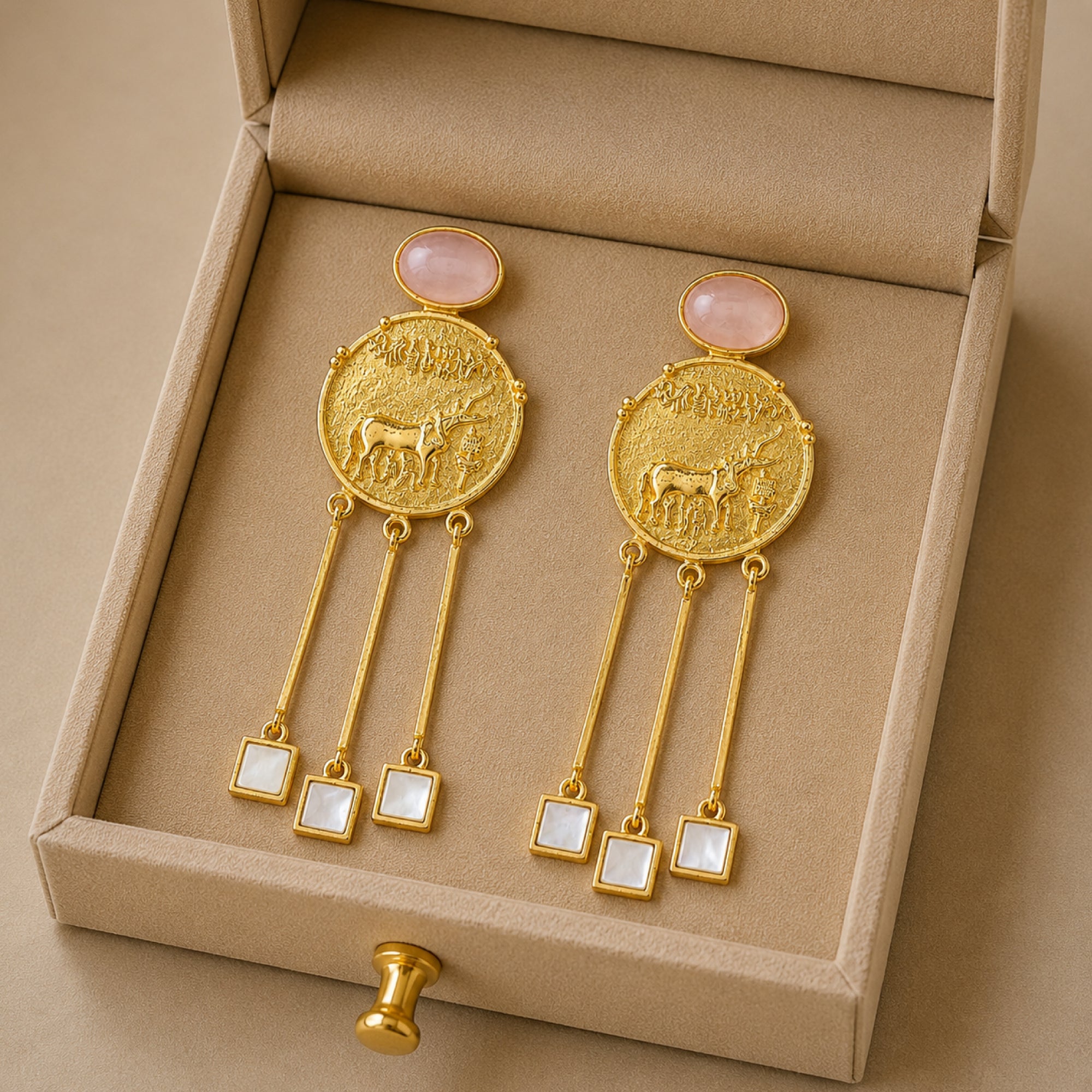 Stellabello Egyptian Edit Gold Plated Statement Earrings for Women & Girls | Designer Coin Drop Artificial Jewellery with Rose Pink Stone & Mother of Pearl Accents | Party, Wedding, Festive & Ethnic Earrings