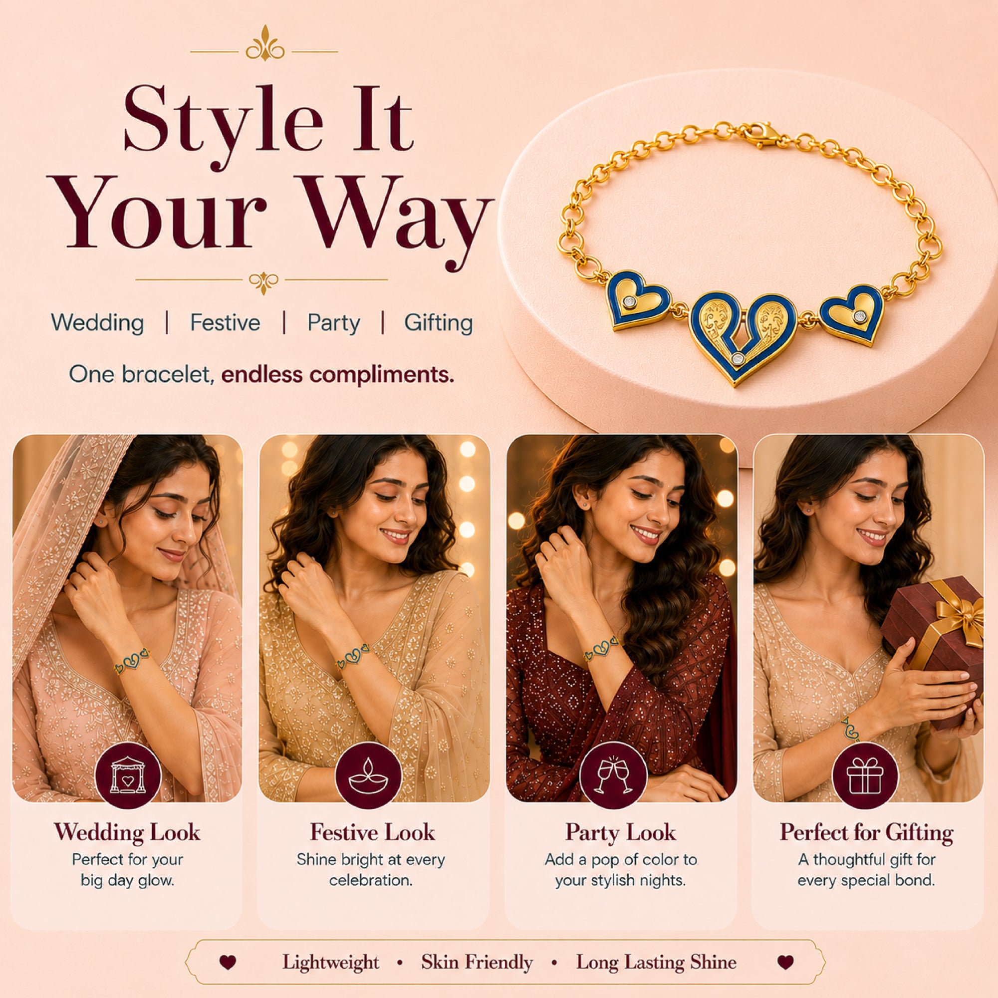 Stellabello Heart Edit Gold Plated Heart Charm Bracelet for Women & Girls | Designer Artificial Jewellery Bracelet with Blue Enamel & Crystal Accents | Adjustable Party, Wedding, Daily & Western Fashion Bracelet