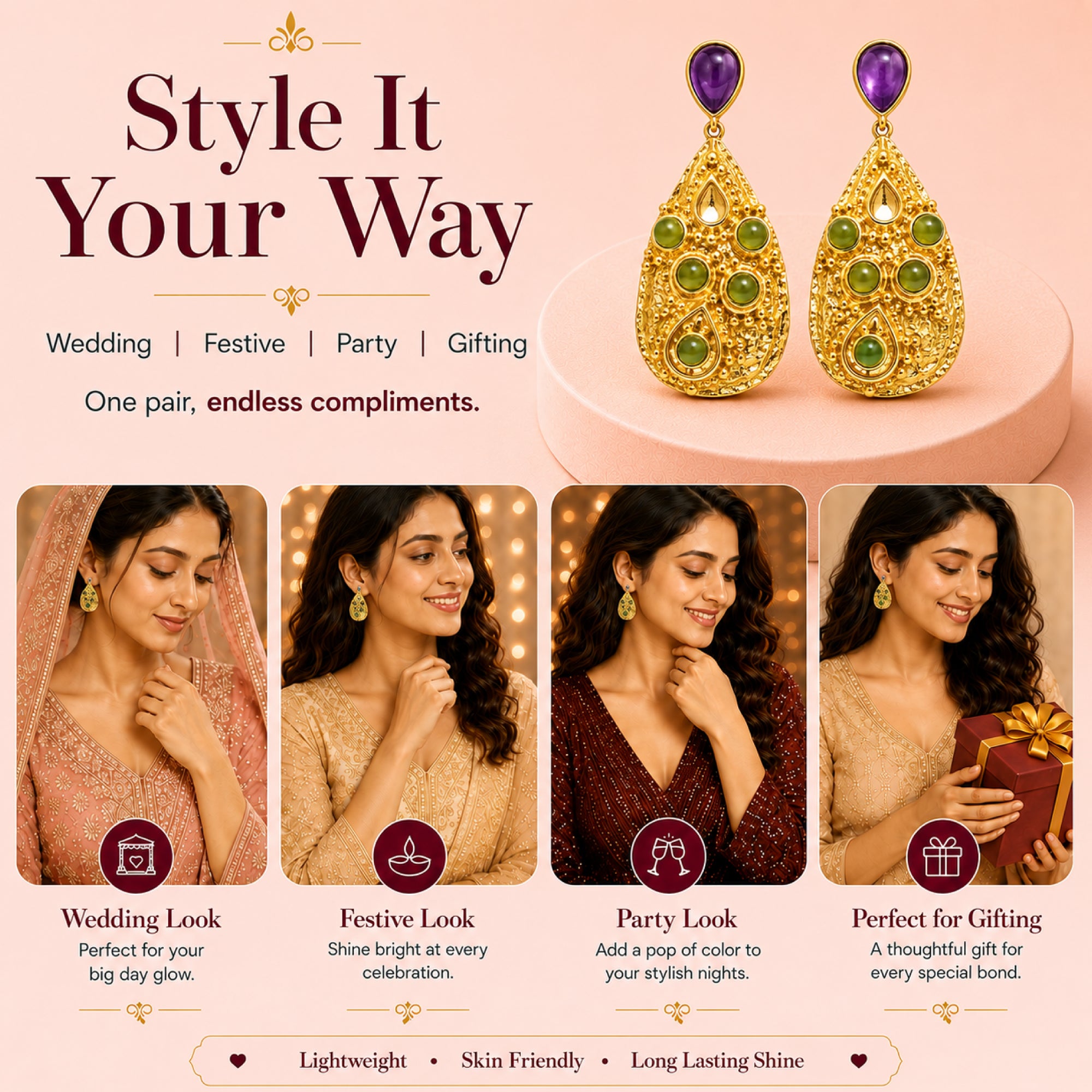 Stellabello Mysa Gold Plated Statement Earrings for Women & Girls | Designer Artificial Jewellery Drop Earrings with Purple & Green Stones | Party, Wedding, Festive & Ethnic Fashion Earrings