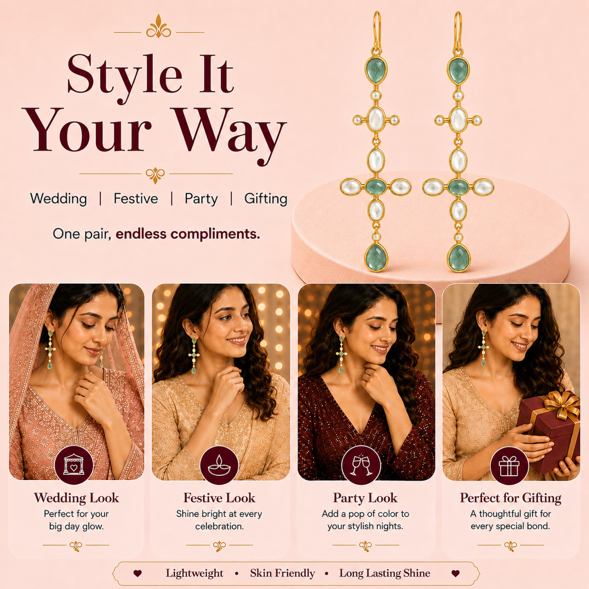 Stellabello Estele Gold Plated Long Drop Earrings for Women & Girls | Designer Artificial Jewellery Statement Earrings with Green Stone & Mother of Pearl | Party, Wedding, Festive & Western