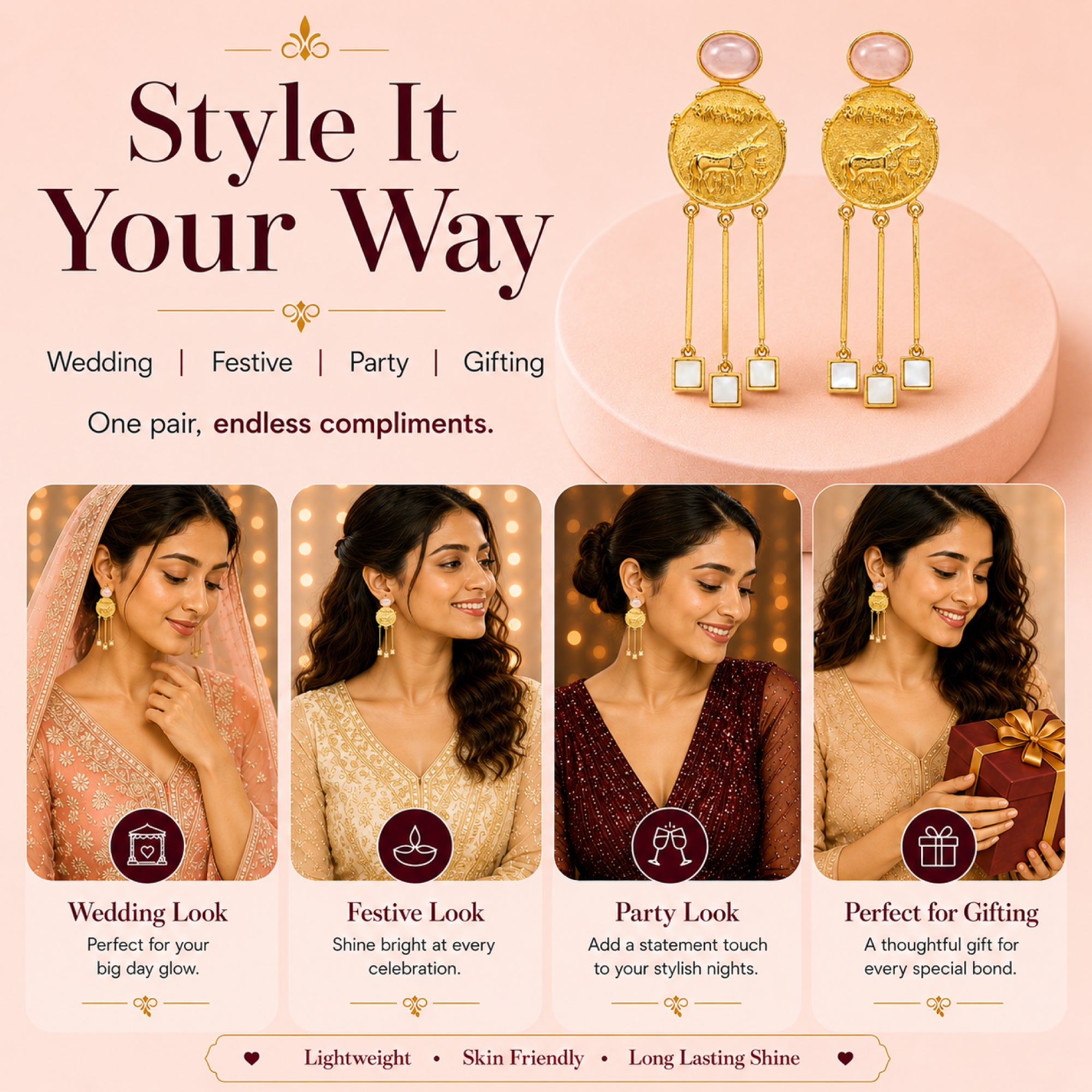 Stellabello Egyptian Edit Gold Plated Statement Earrings for Women & Girls | Designer Coin Drop Artificial Jewellery with Rose Pink Stone & Mother of Pearl Accents | Party, Wedding, Festive & Ethnic Earrings