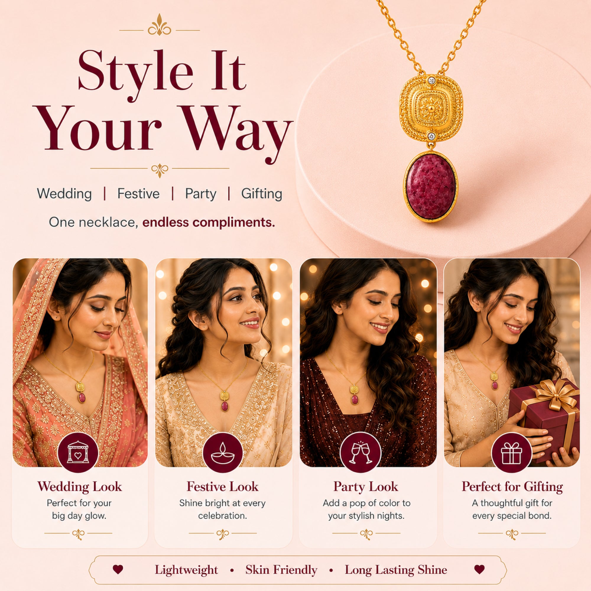 Stellabello Elysia Gold Plated Pendant Necklace for Women & Girls | Designer Artificial Jewellery Pendant Set with Ruby Red Stone & Crystal Accents | Party, Wedding, Festive & Daily Wear Necklace | Gift for Women
