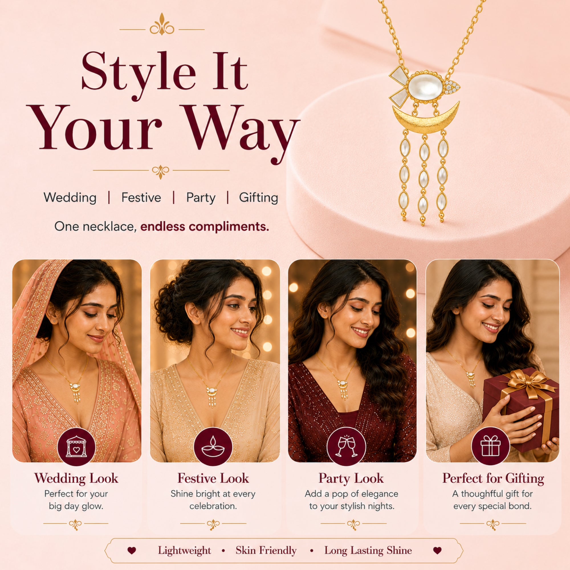 Stellabello Valora Gold Plated Pendant Necklace for Women & Girls | Designer Artificial Jewellery Pendant with Mother of Pearl & Crystal Accents | Party, Wedding, Festive & Western Fashion Necklace | Gift for Women