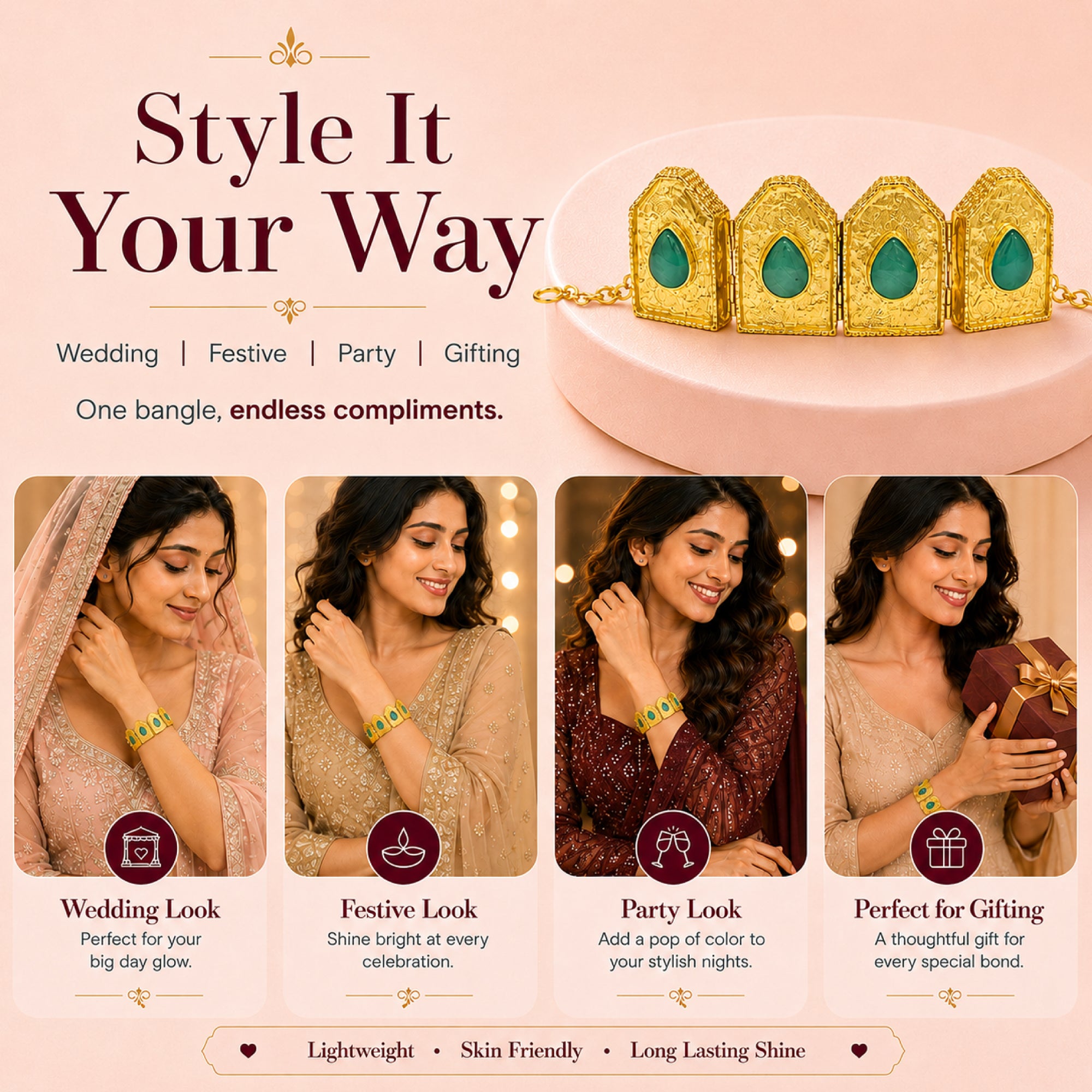 Stellabello Villa Gold Plated Bracelet for Women & Girls | Artificial Jewellery Statement with Green Teardrop Stones | Premium Party, Wedding, Festive & Ethnic Fashion Bracelet | Gift for Women
