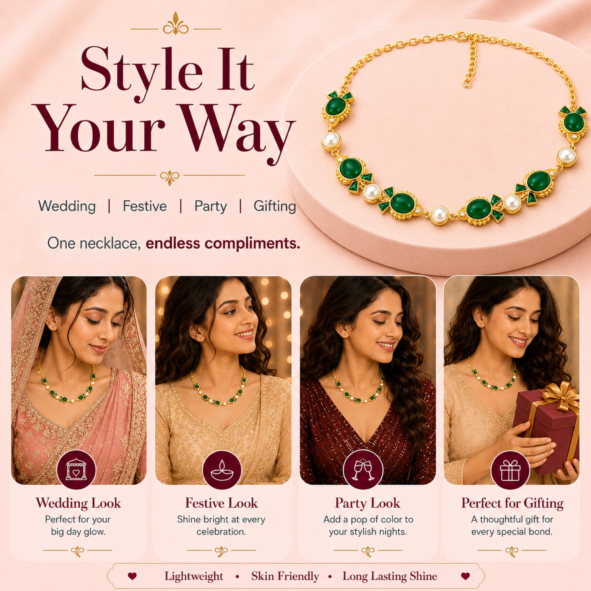 Stellabello Fish Choker Gold Plated Choker Necklace for Women & Girls | Designer Artificial Jewellery Choker with Green Stone, Pearl & Crystal Accents | Party, Wedding, Festive & Ethnic Necklace | Gift for Women