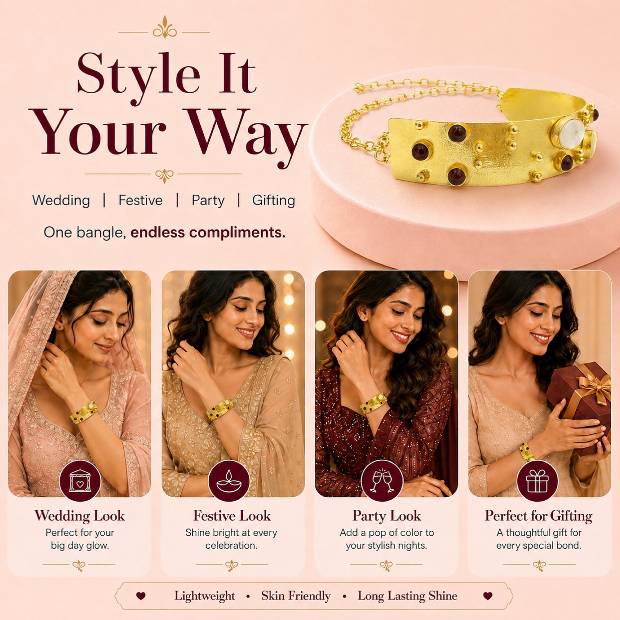 Stellabello Soft Launch Gold Plated Statement Bracelet for Women & Girls | Designer Artificial Jewellery Cuff Bracelet with Brown & White Stones | Adjustable Party, Wedding, Festive & Western Fashion Bracelet