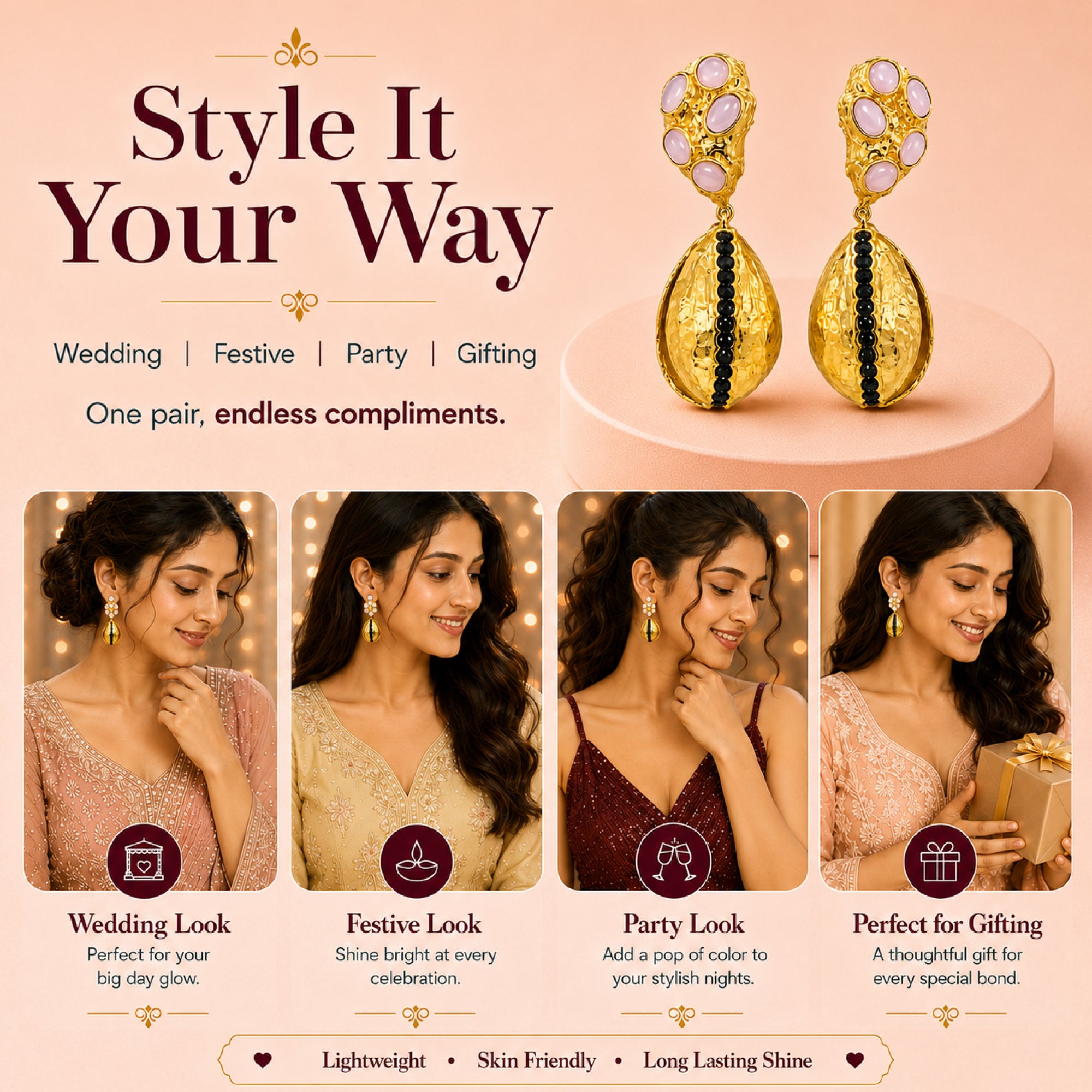 Stellabello Quiet Luxury Gold Plated Statement Earrings for Women & Girls | Designer Artificial Jewellery Drop Earrings with Pink Stones & Black Crystal Accents | Party, Wedding, Festive & Western Earrings