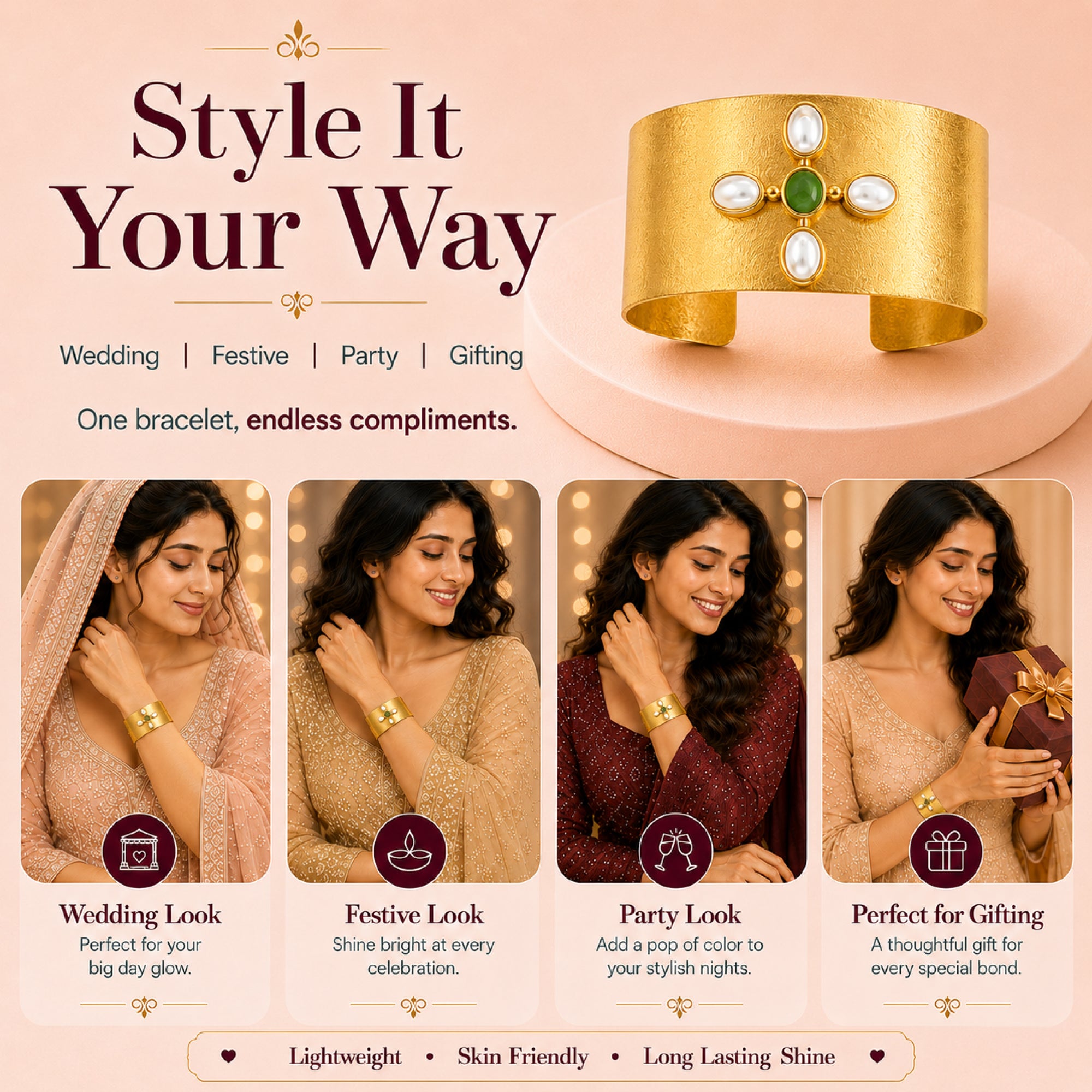 Stellabello Stardust Gold Plated Kada Bracelet for Women & Girls | Designer Open Cuff Hand Bracelet with Green Stone & Pearl Accents | Premium Artificial Jewellery for Party, Wedding, Festive & Ethnic Wear
