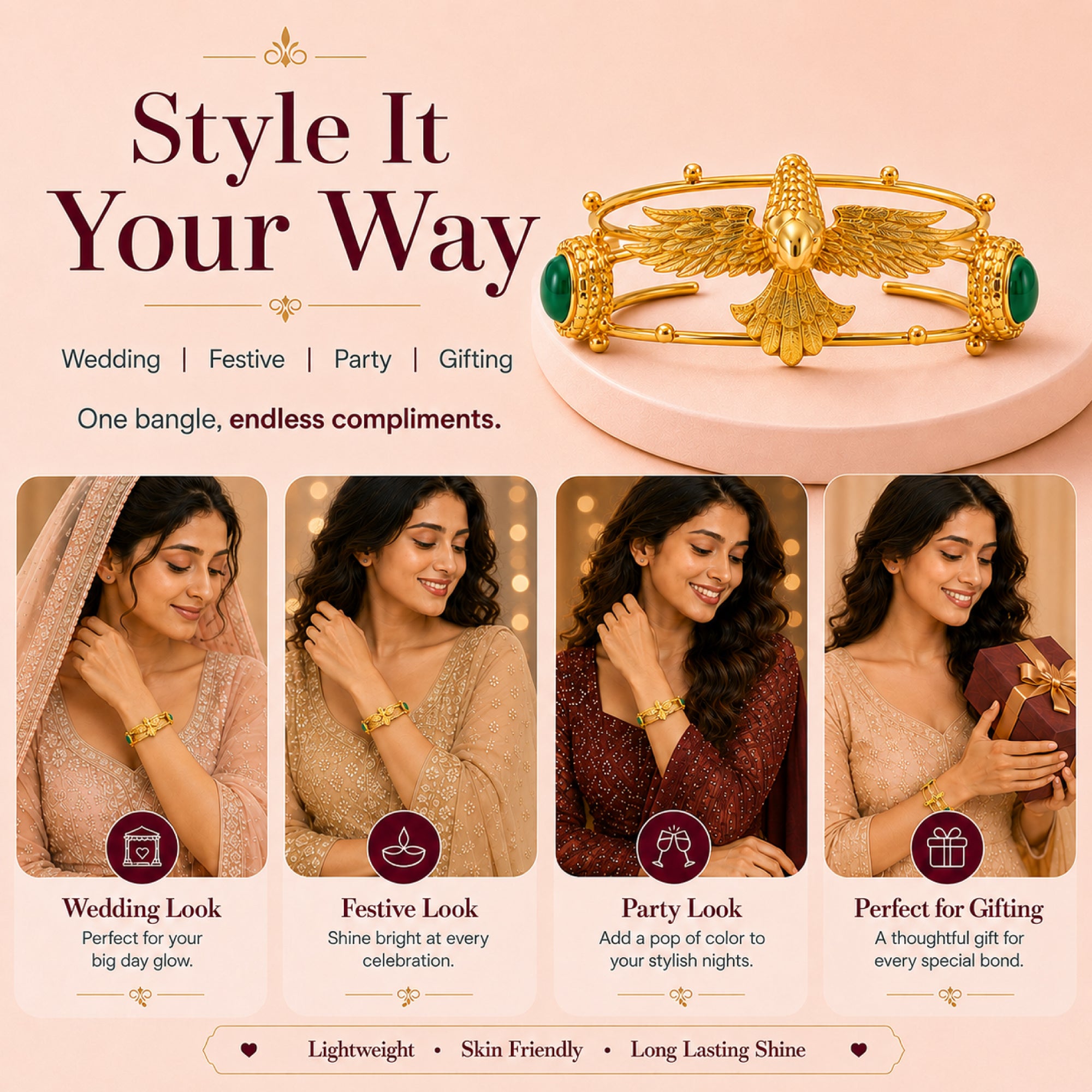 Stellabello Eagle Edit Gold Plated Cuff Bracelet for Women & Girls | Designer Artificial Jewellery Statement Bracelet with Green Stone | Open Hand Bracelet for Party, Wedding, Festive & Western| Gift for Women