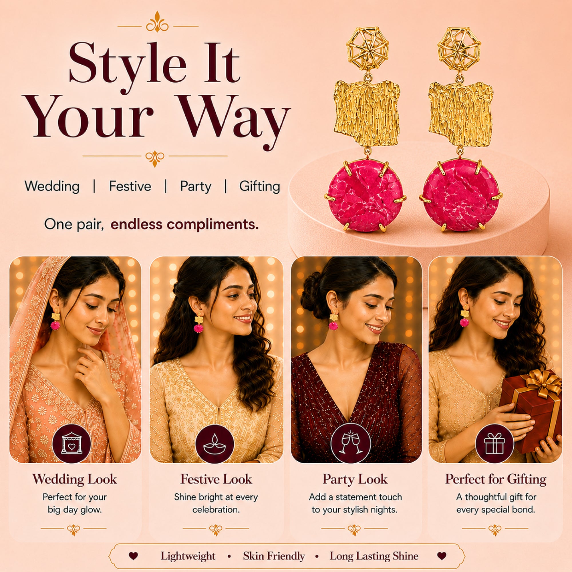 Stellabello Main Character Gold Plated Statement Earrings for Women & Girls | Designer Artificial Jewellery Drop Earrings with Pink Natural Stone | Premium Party, Wedding, Festive & Western Earrings