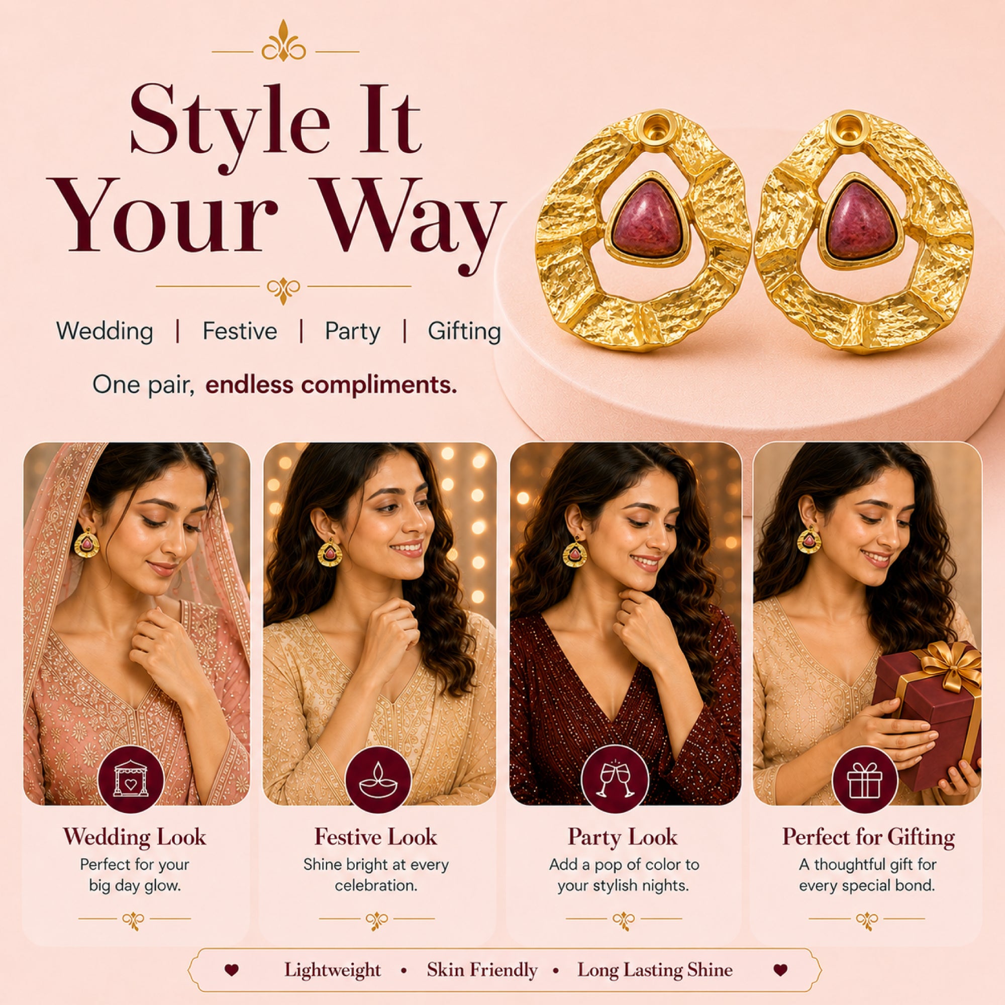 Stellabello Halo Gold Plated Stud Earrings for Women & Girls | Designer Artificial Jewellery Textured Statement Earrings with Pink Stone | Party Wear, Wedding, Festive & Western Fashion Earrings