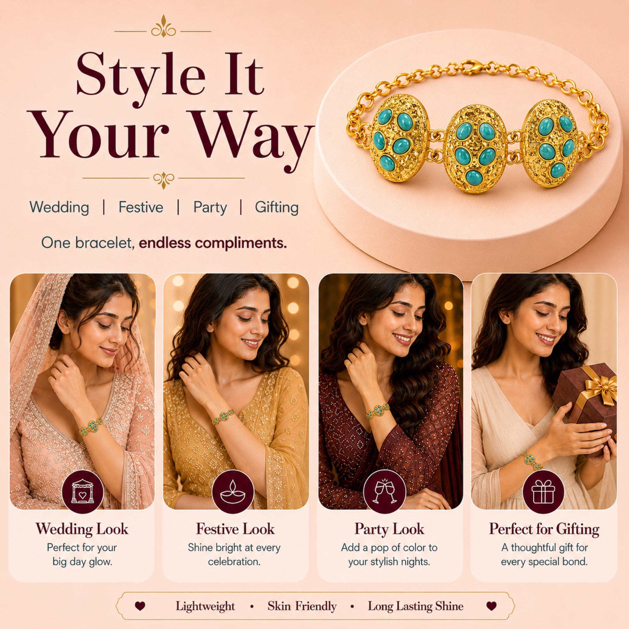 Stellabello Astra Gold Plated Statement Bracelet for Women & Girls | Designer Artificial Jewellery with Turquoise Blue Stones | Adjustable Party, Wedding, Festive & Ethnic Fashion Bracelet | Gift for Women