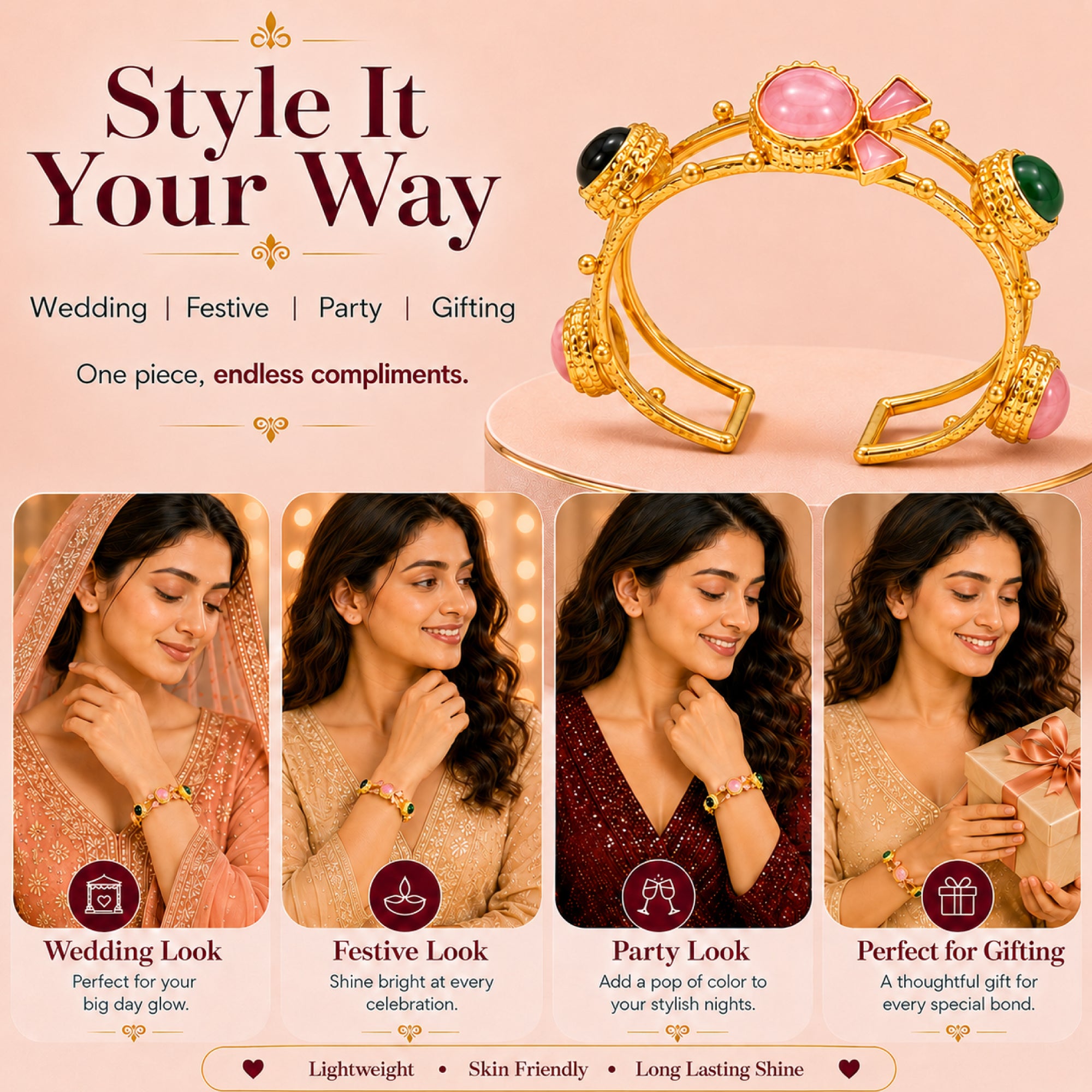 Stellabello Bella Gold Plated Kada for Women & Girls | Artificial Jewellery Bracelet | Elegant Bangle Style Fashion Kada for Party, Wedding, Festive & Traditional | Stylish Gift for Women