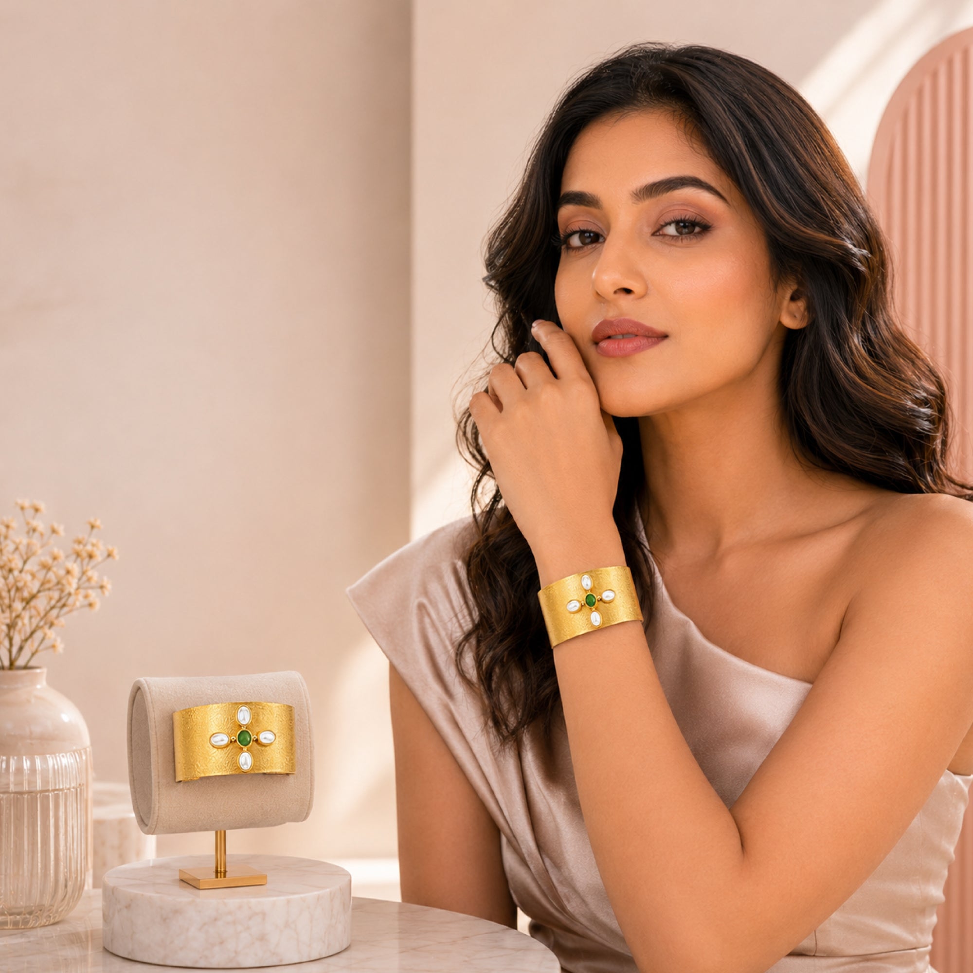 Stellabello Stardust Gold Plated Kada Bracelet for Women & Girls | Designer Open Cuff Hand Bracelet with Green Stone & Pearl Accents | Premium Artificial Jewellery for Party, Wedding, Festive & Ethnic Wear