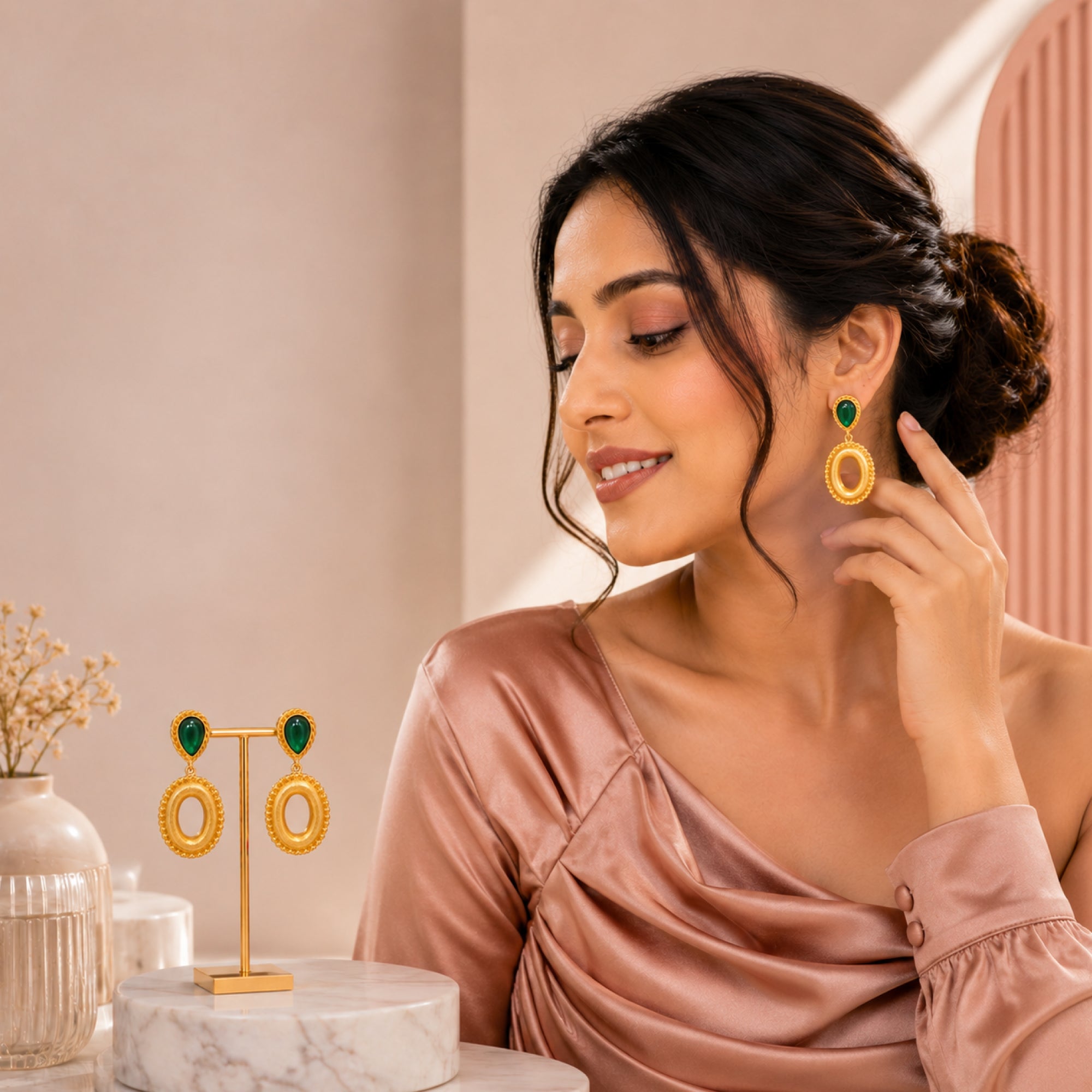 Stellabello Elara Gold Plated Drop Earrings for Women & Girls | Designer Artificial Jewellery Statement Earrings with Green Stone | Oval Dangle Earrings for Party, Wedding, Festive & Western