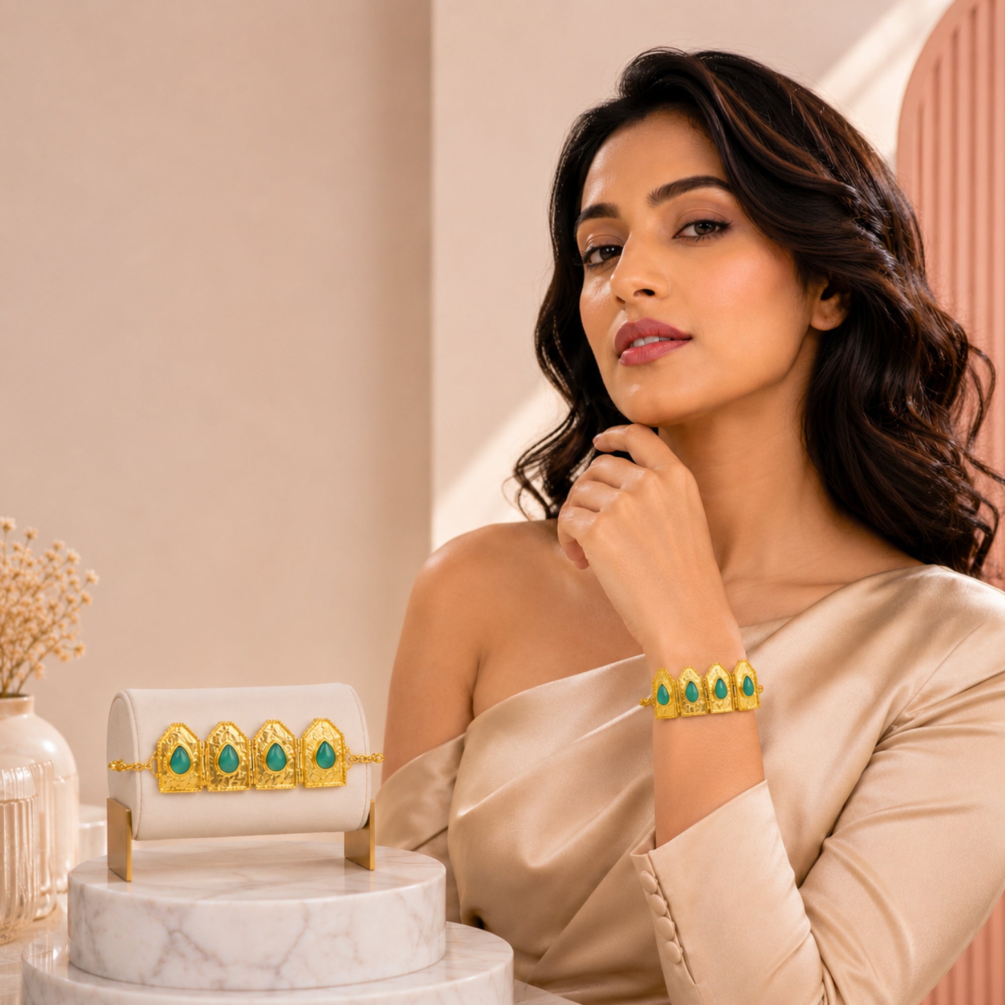 Stellabello Villa Gold Plated Bracelet for Women & Girls | Artificial Jewellery Statement with Green Teardrop Stones | Premium Party, Wedding, Festive & Ethnic Fashion Bracelet | Gift for Women