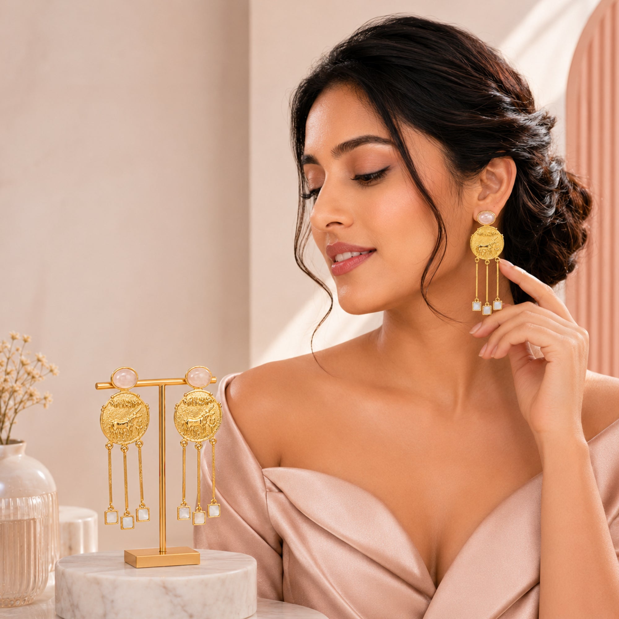Stellabello Egyptian Edit Gold Plated Statement Earrings for Women & Girls | Designer Coin Drop Artificial Jewellery with Rose Pink Stone & Mother of Pearl Accents | Party, Wedding, Festive & Ethnic Earrings