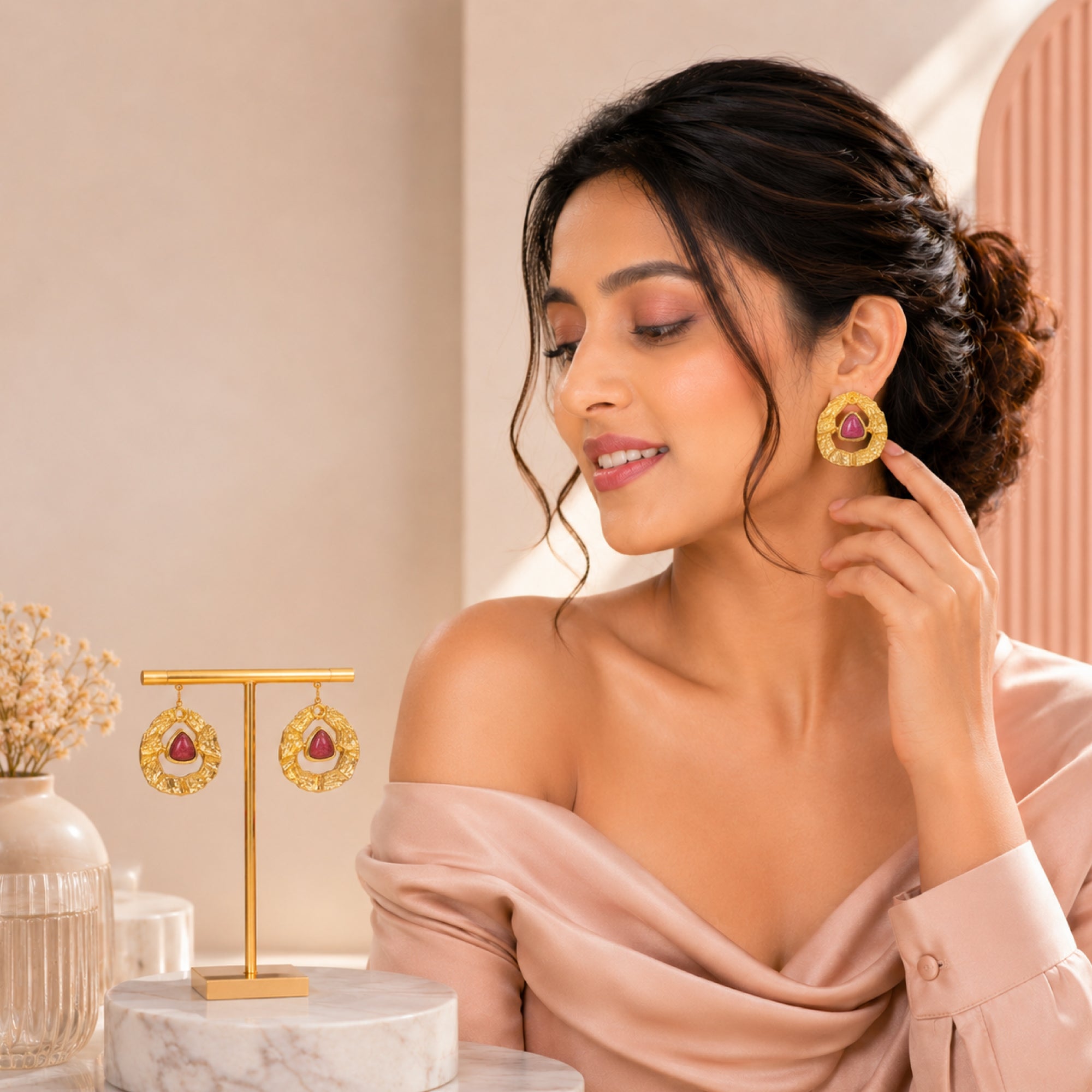 Stellabello Halo Gold Plated Stud Earrings for Women & Girls | Designer Artificial Jewellery Textured Statement Earrings with Pink Stone | Party Wear, Wedding, Festive & Western Fashion Earrings
