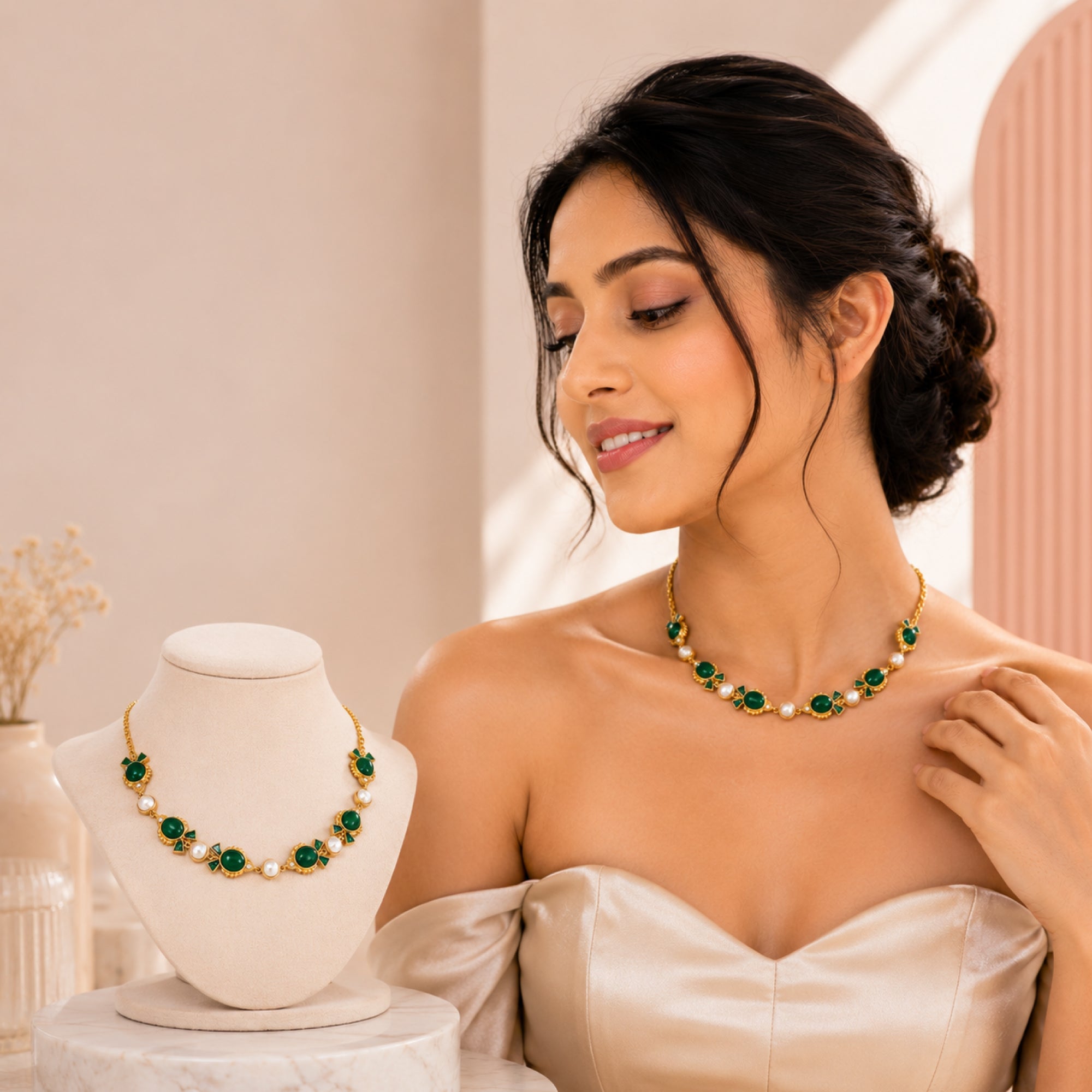 Stellabello Fish Choker Gold Plated Choker Necklace for Women & Girls | Designer Artificial Jewellery Choker with Green Stone, Pearl & Crystal Accents | Party, Wedding, Festive & Ethnic Necklace | Gift for Women
